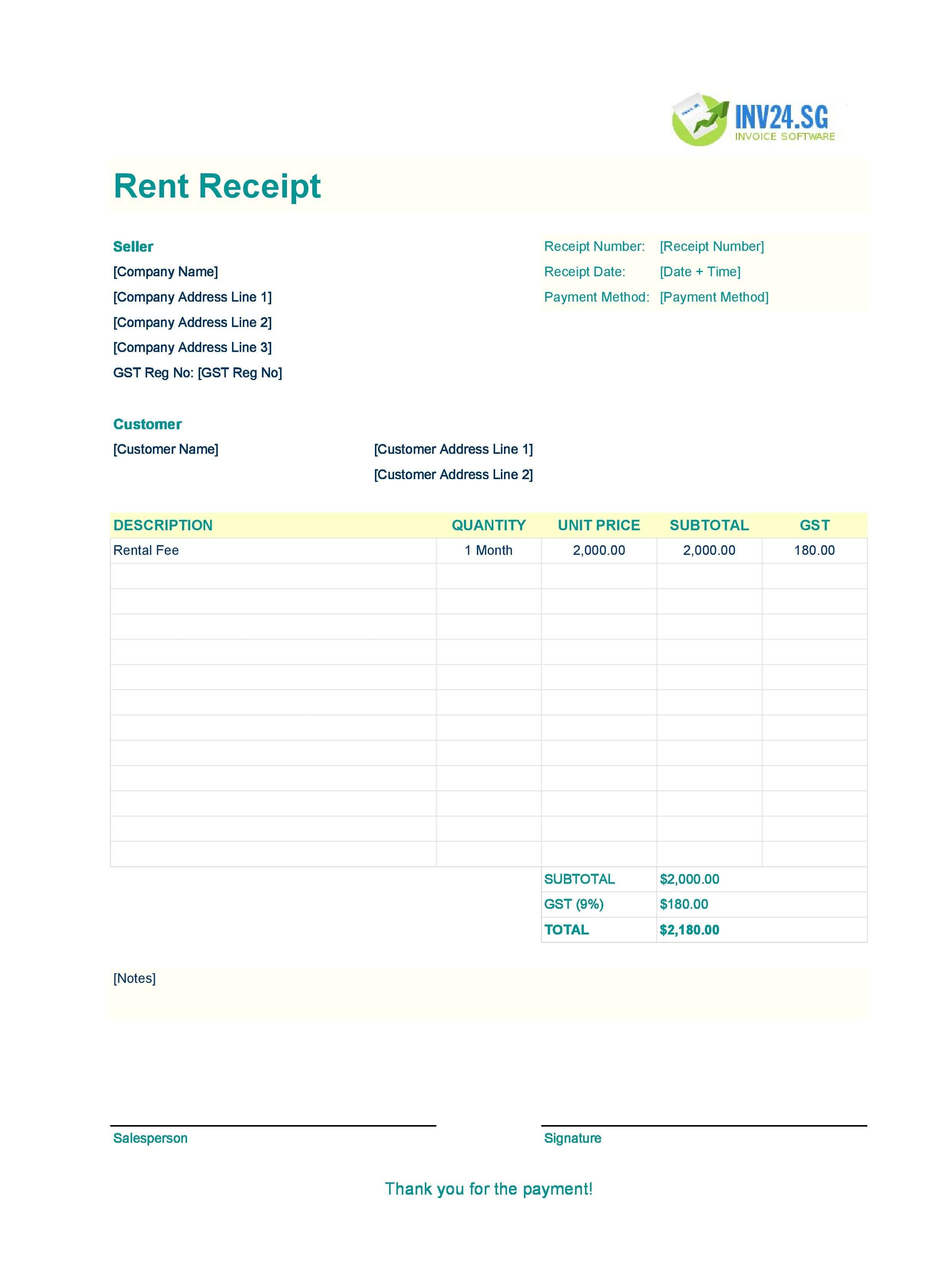 Printable Rent Receipt Template for Singapore (Excel / Google Sheets)