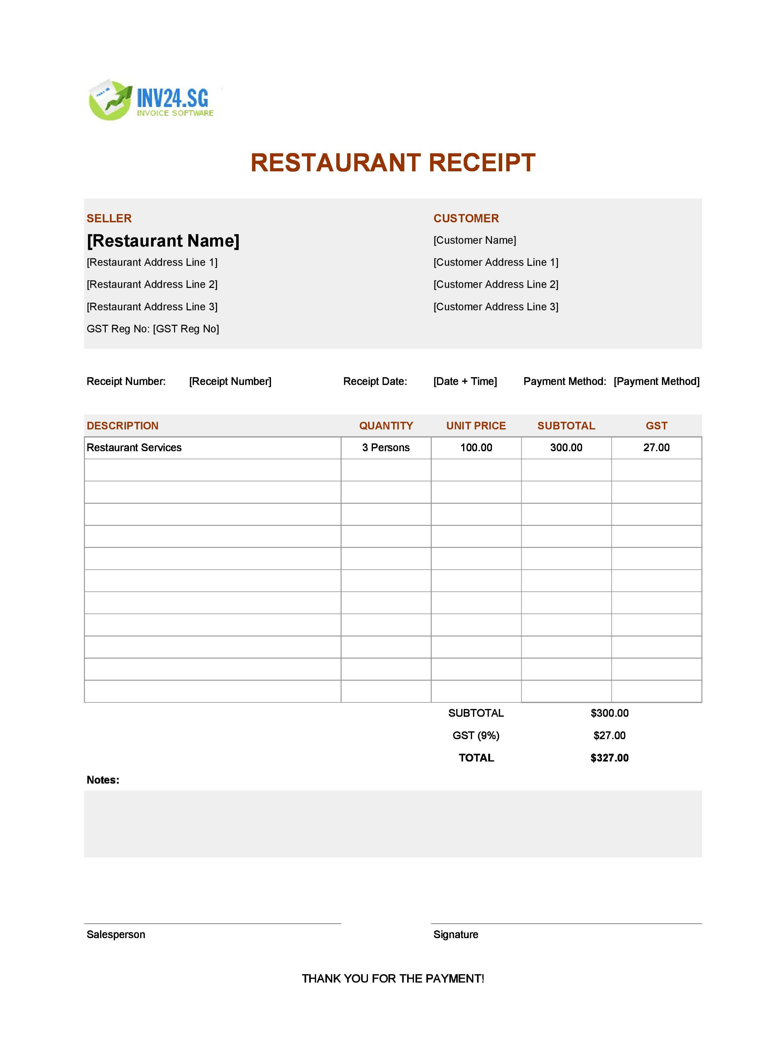 Printable Restaurant Receipt Template for Singapore (Excel / Google Sheets)