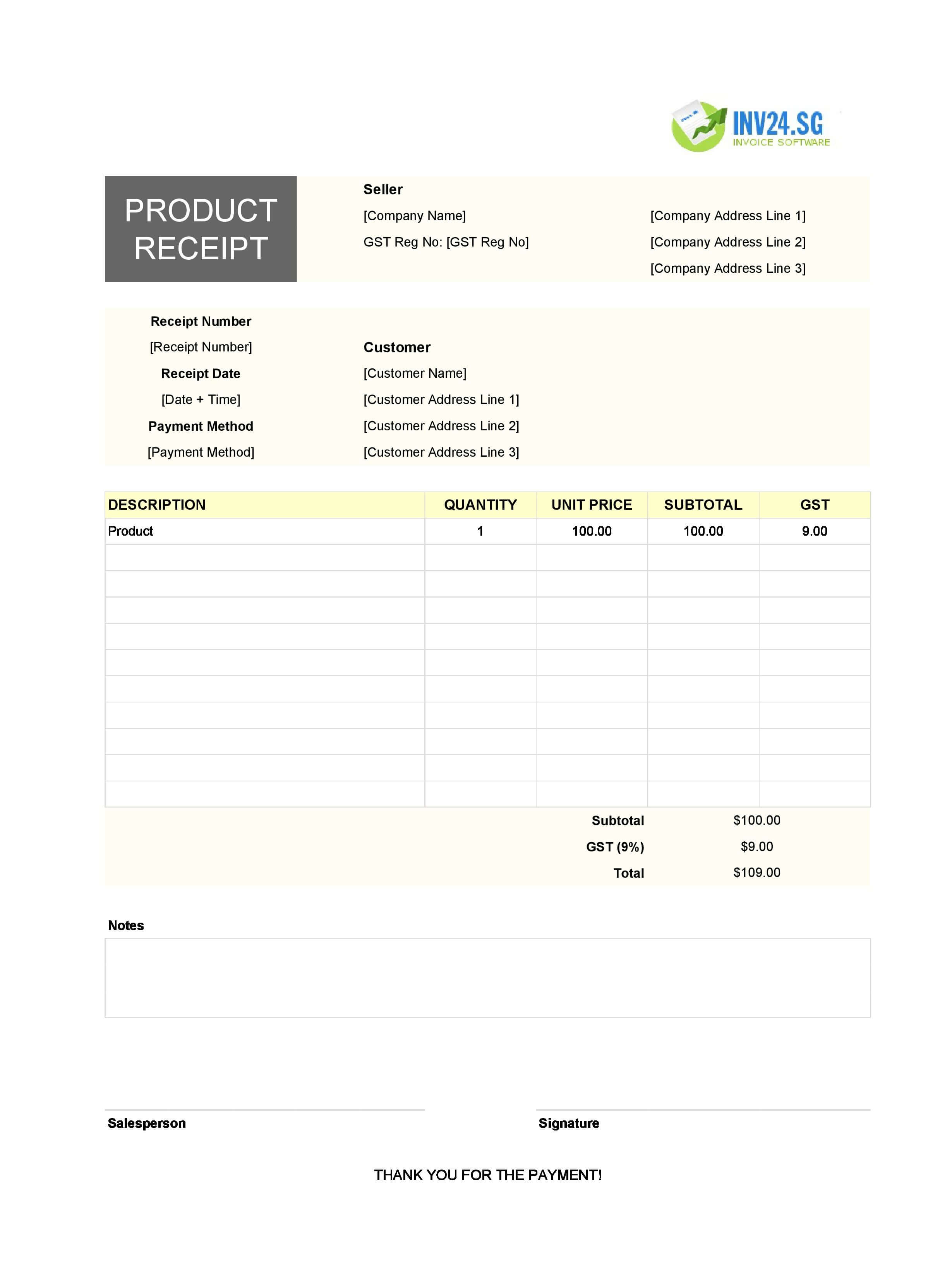 Product Receipt Template for Singapore (Excel / Google Sheets)