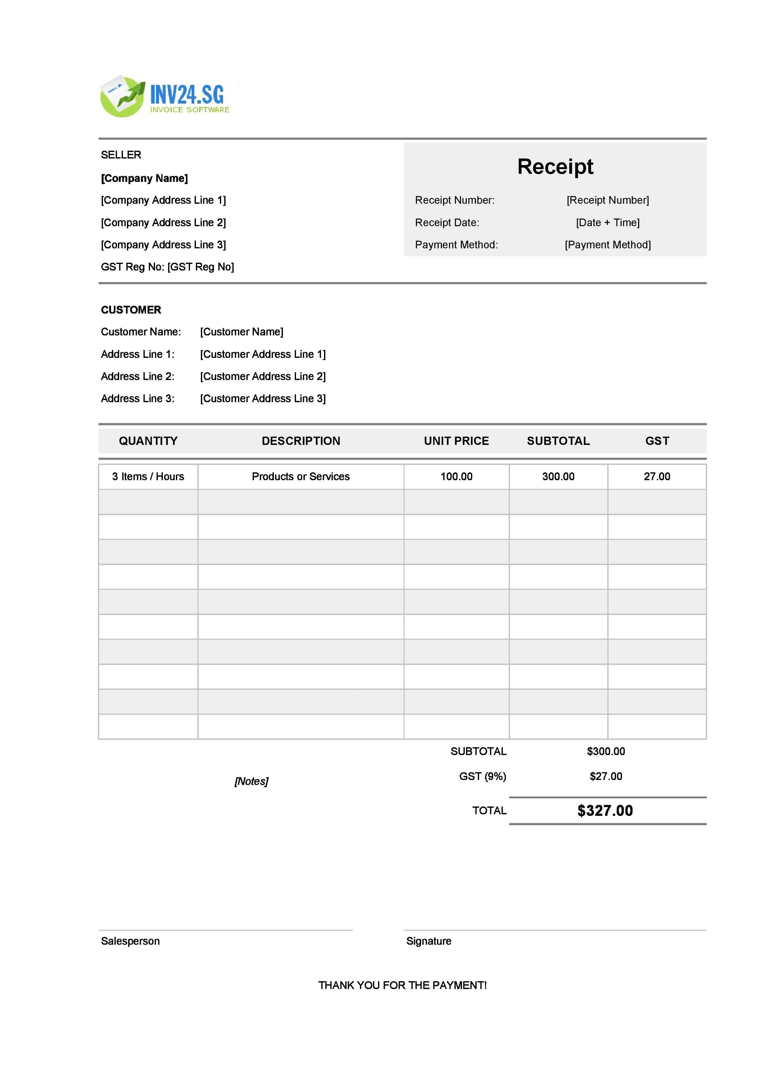 Proof of Payment Receipt Template for Singapore (Excel / Google Sheets)