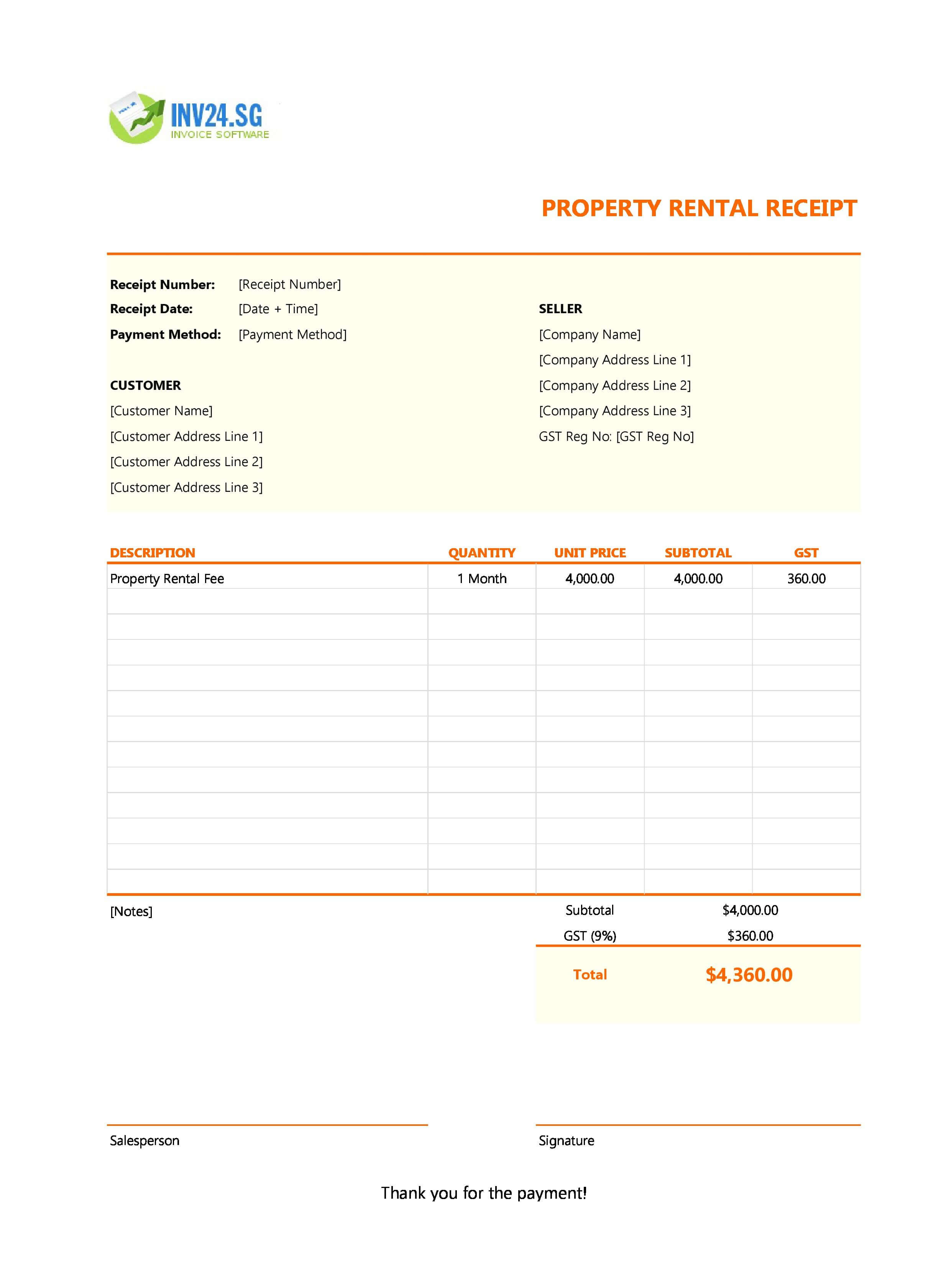 Property Rental Receipt Template for Singapore (Excel / Google Sheets)