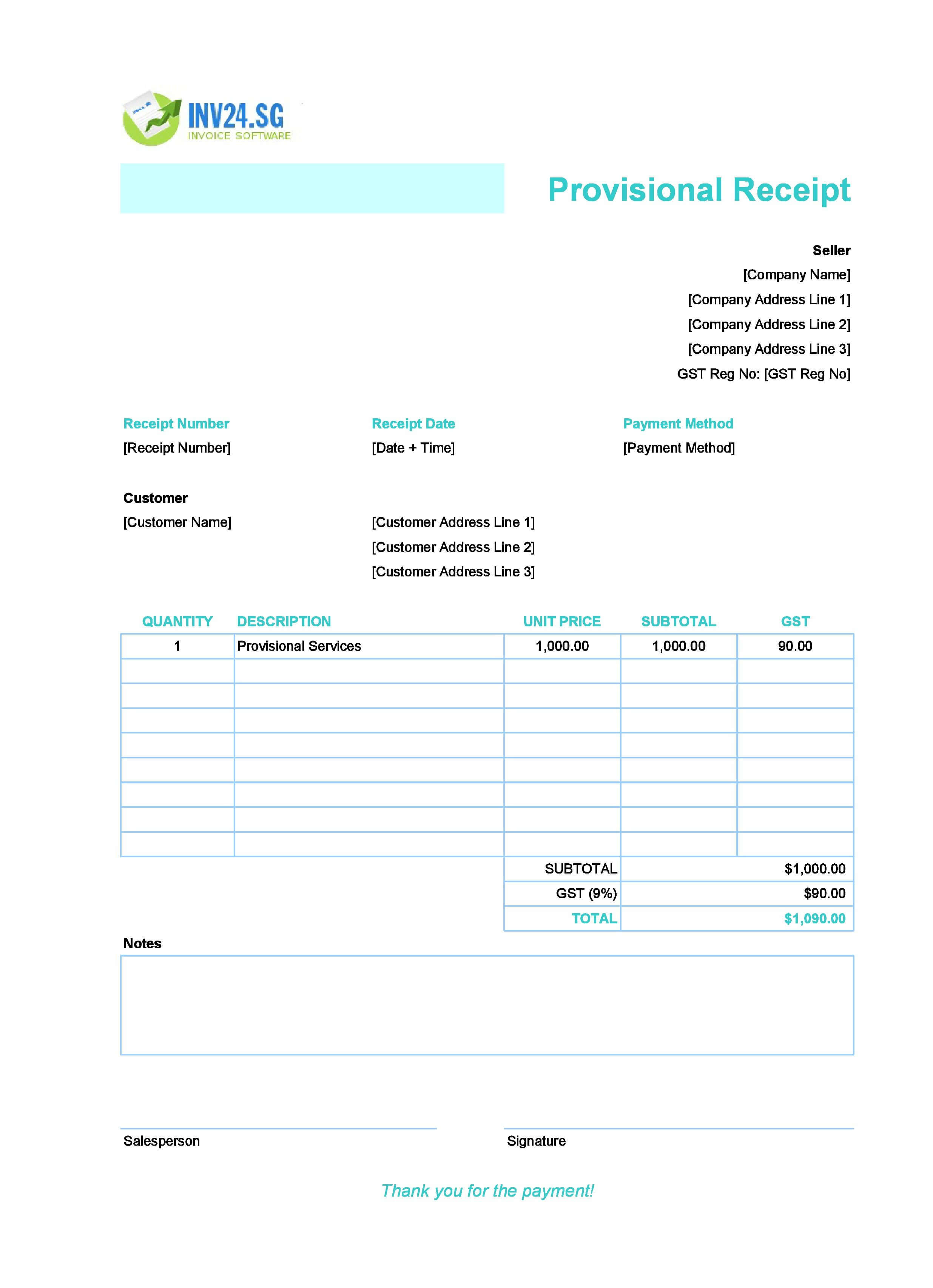 Provisional Receipt Template for Singapore (Excel / Google Sheets)