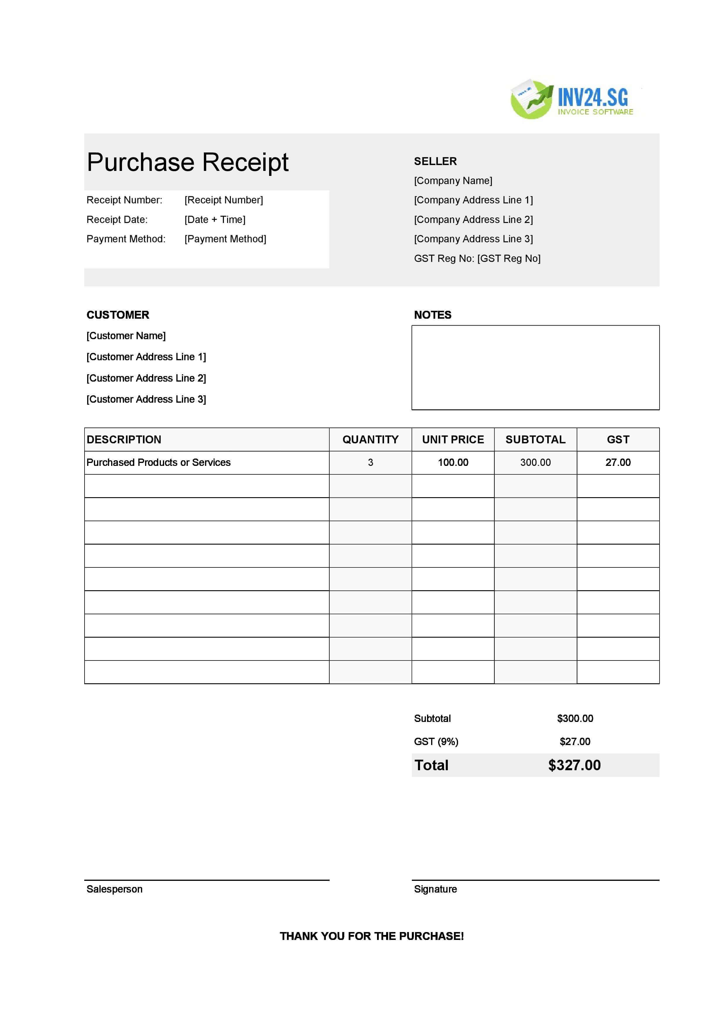 Purchase Receipt Template for Singapore (Excel / Google Sheets)