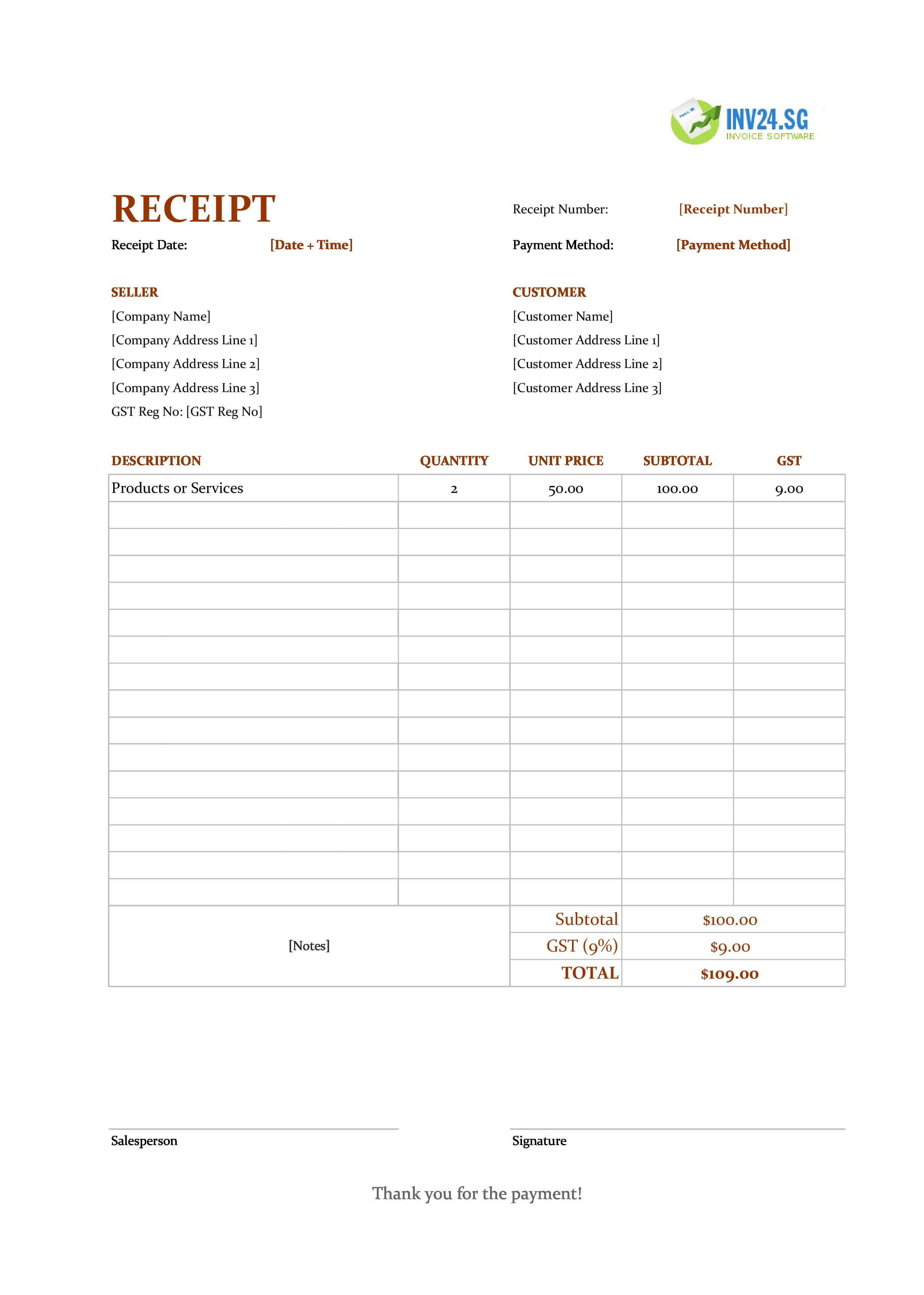 Receipt Example Template for Singapore (Excel / Google Sheets)