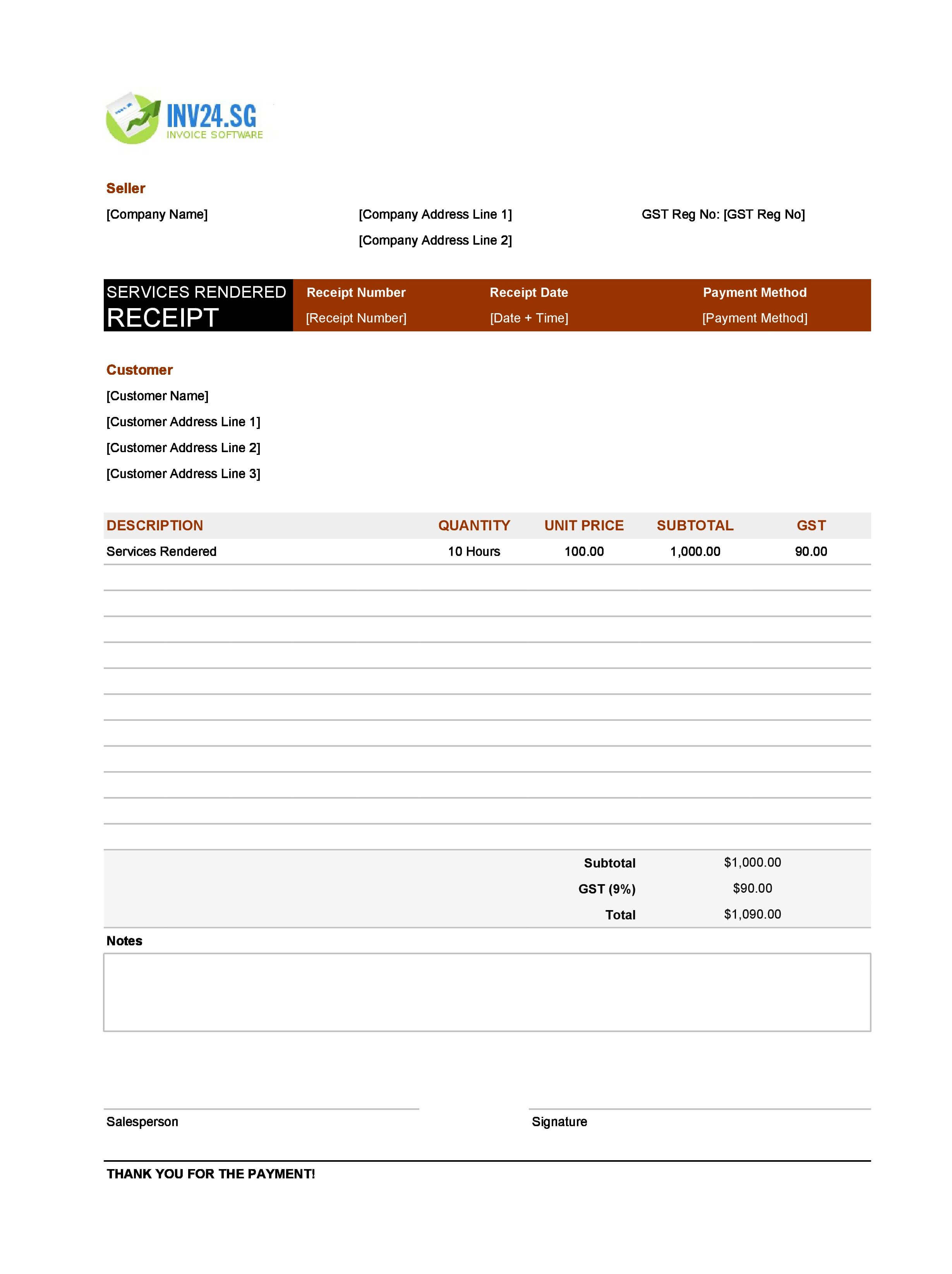 Receipt for Services Rendered Template for Singapore (Excel / Google Sheets)