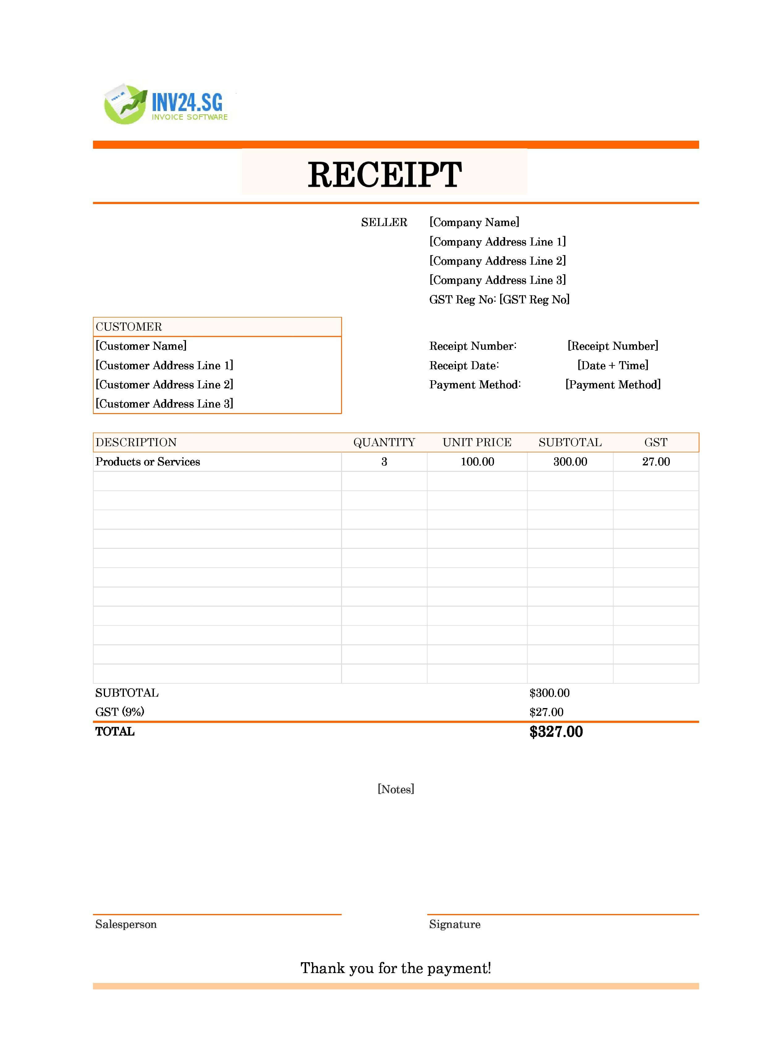 Receipt Format Template for Singapore (Excel / Google Sheets)
