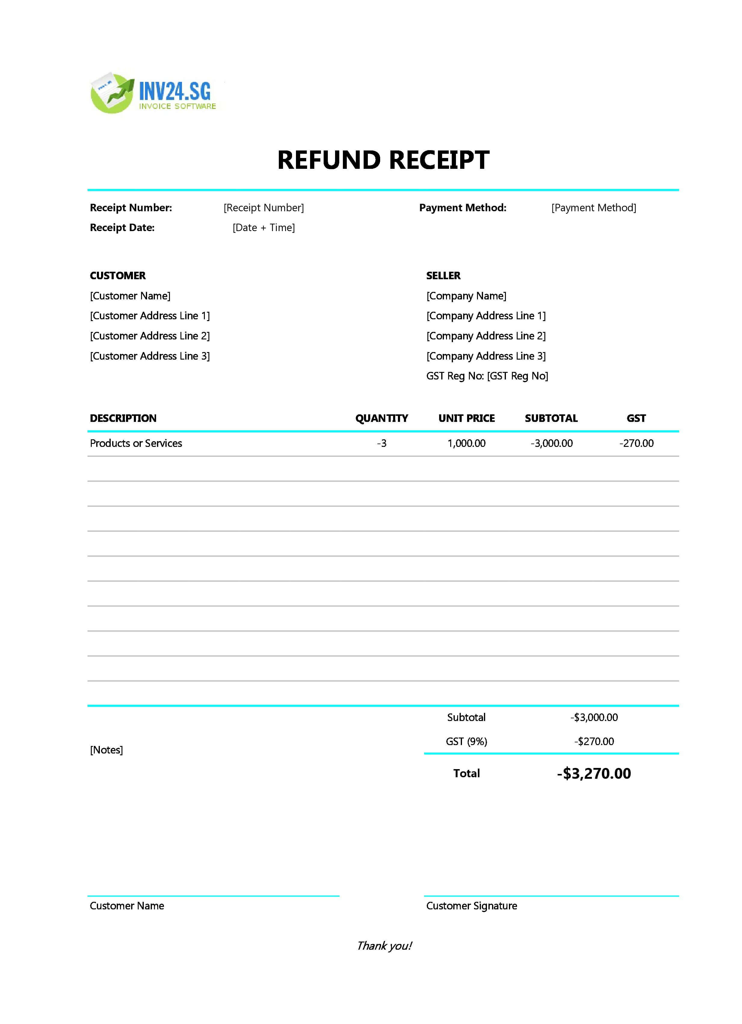 Refund Receipt Template for Singapore (Excel / Google Sheets)