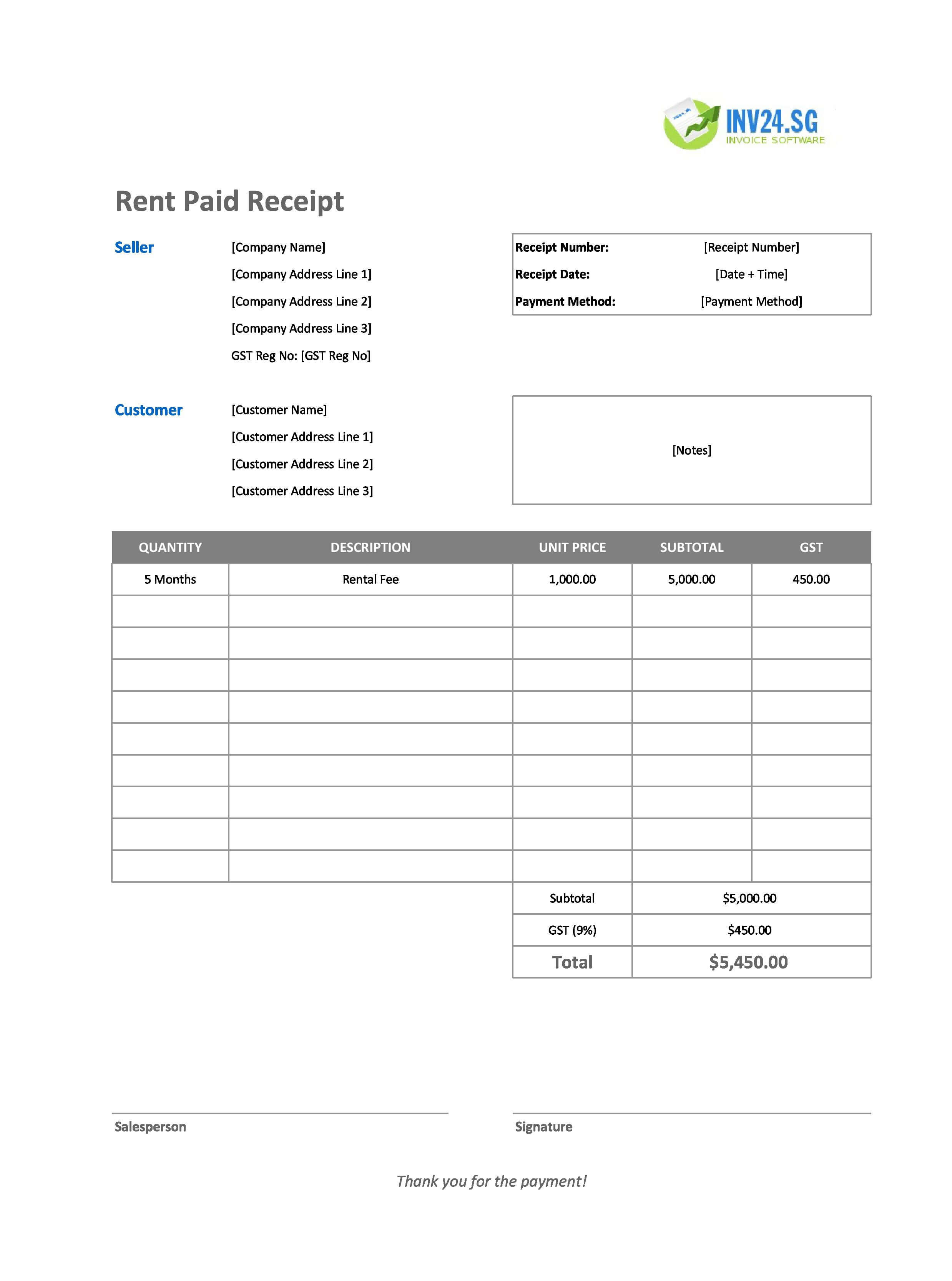 Rent Paid Receipt Template for Singapore (Excel / Google Sheets)