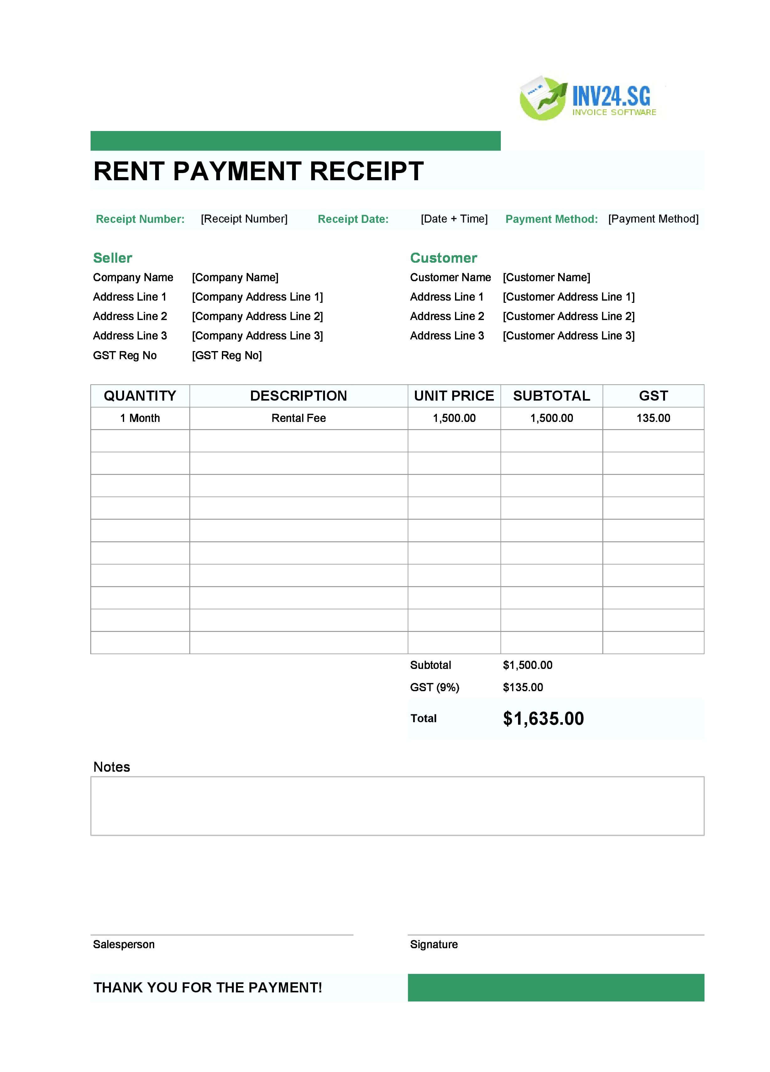Rent Payment Receipt Template for Singapore (Excel / Google Sheets)