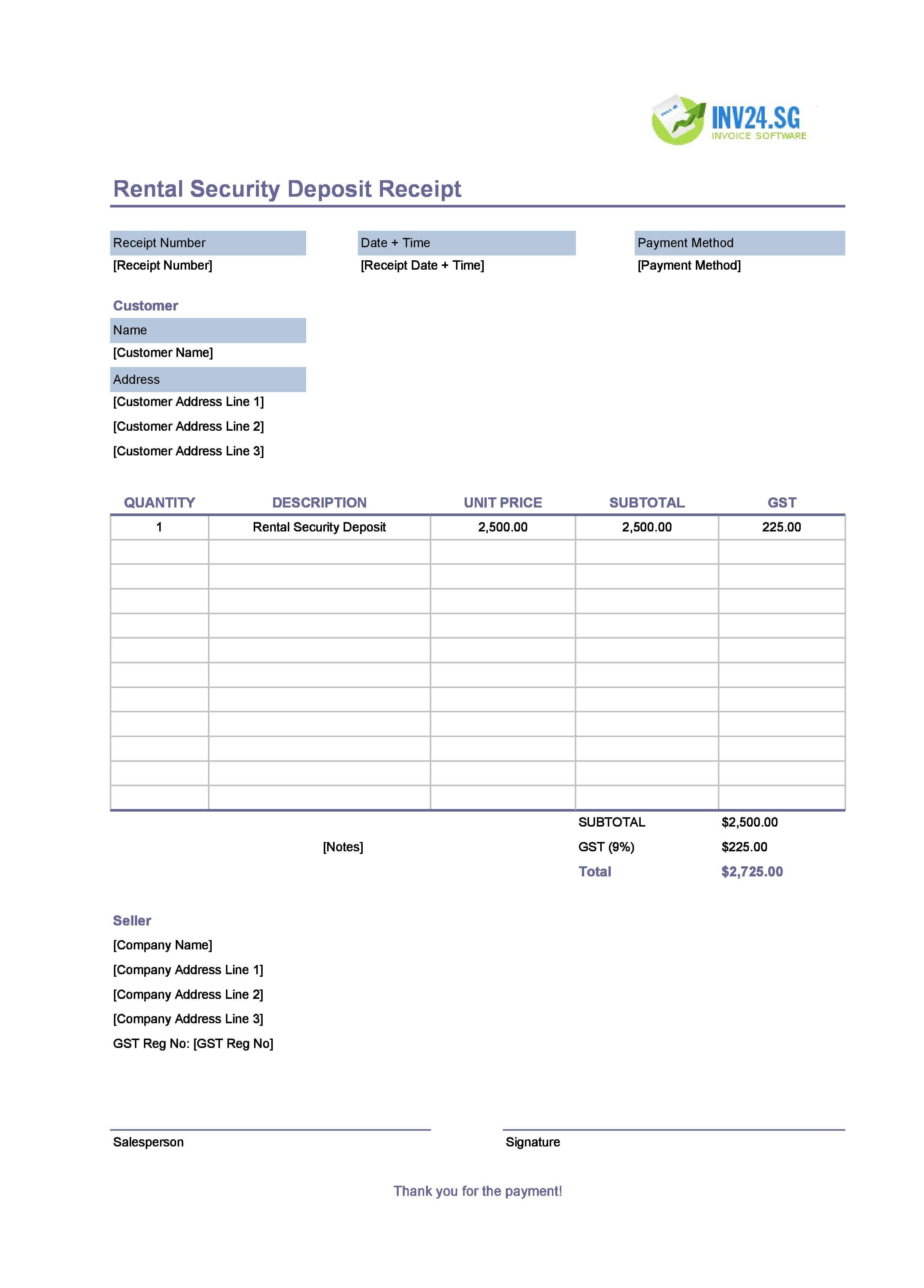 Rental Security Deposit Receipt Template for Singapore (Excel / Google Sheets)