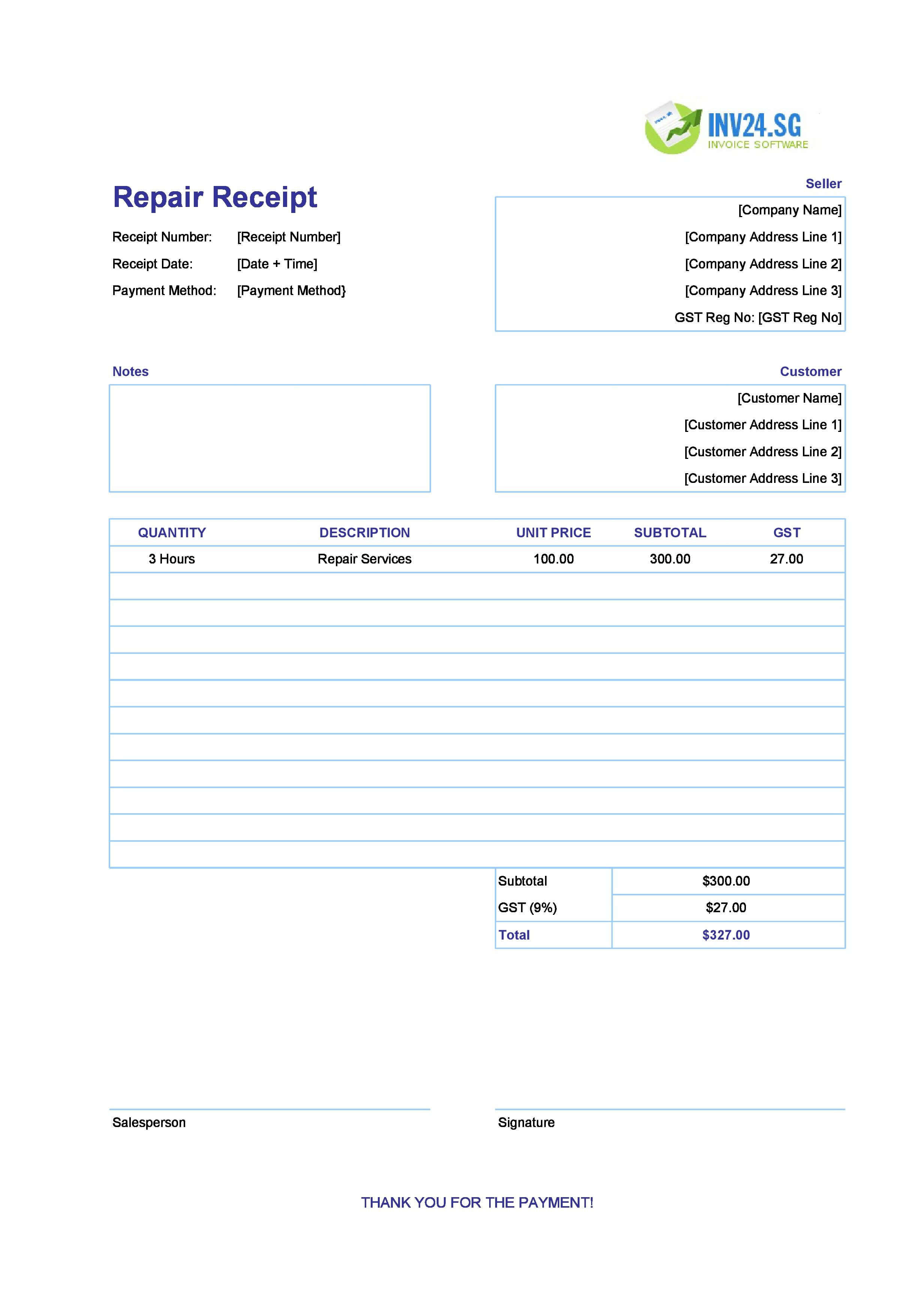 Repair Receipt Template for Singapore (Excel / Google Sheets)