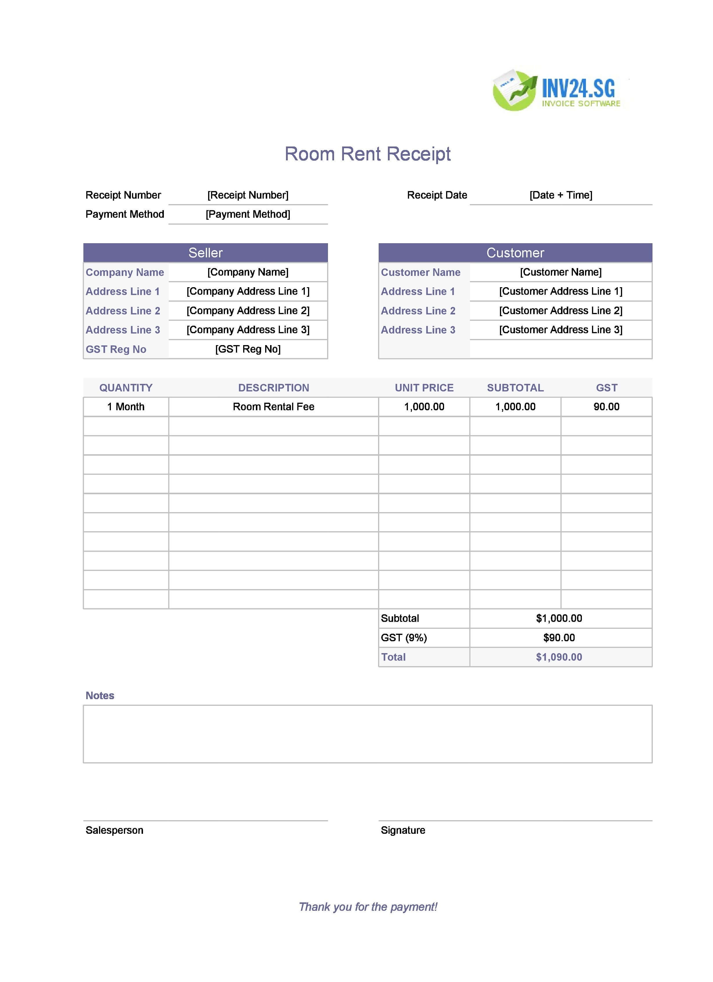 Room Rent Receipt Template for Singapore (Excel / Google Sheets)
