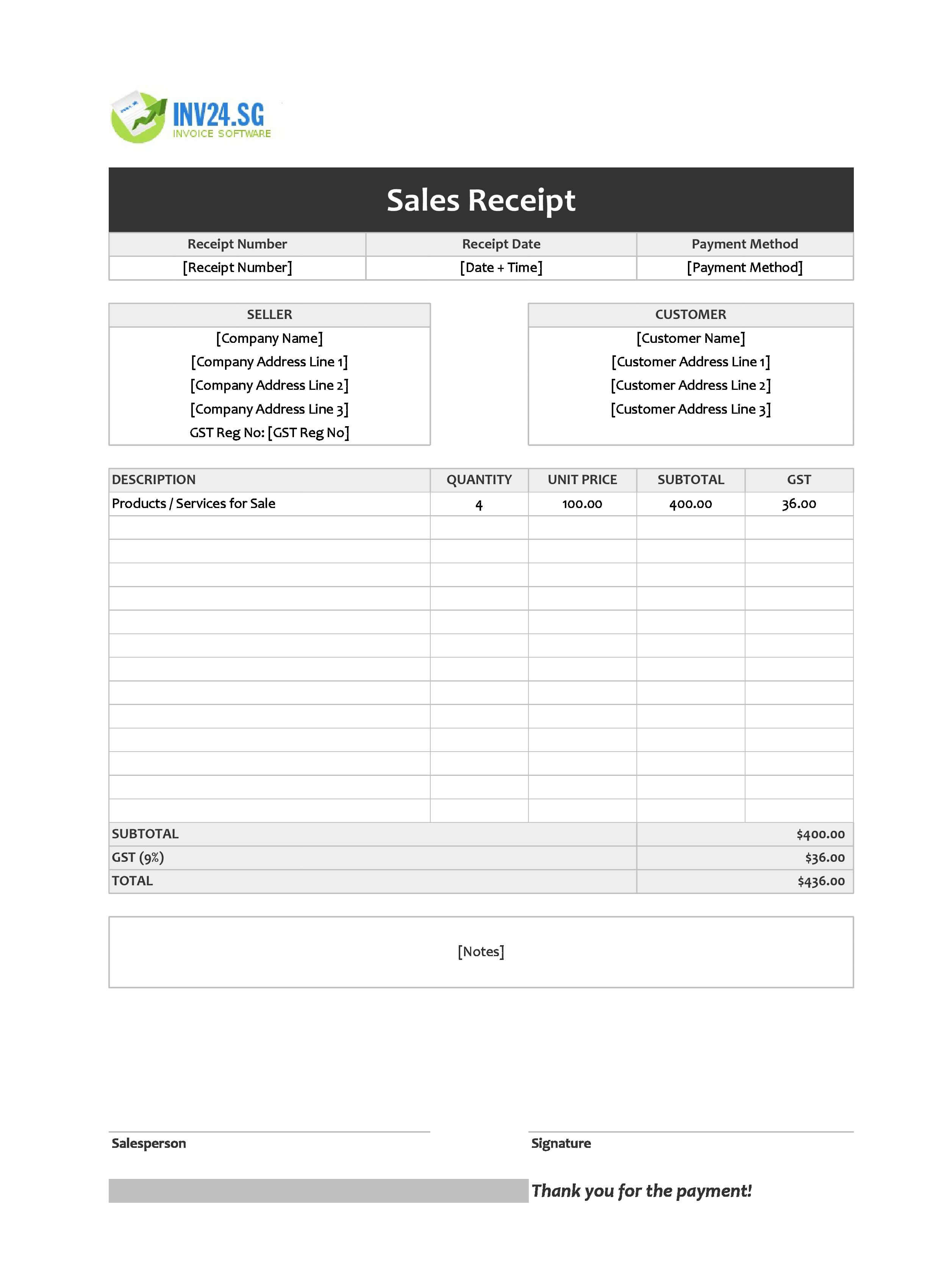 Sales Receipt Template for Singapore (Excel / Google Sheets)