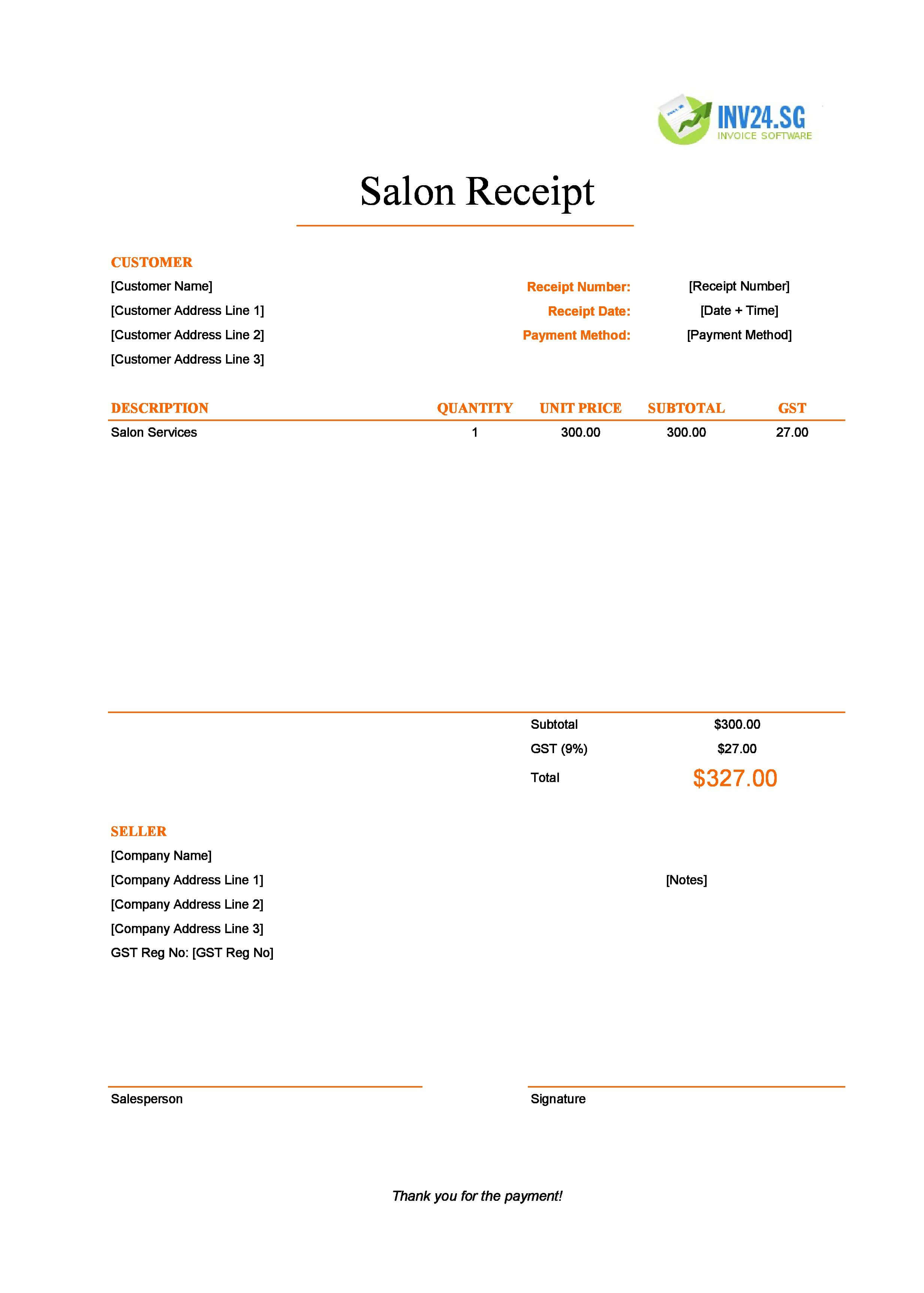 Salon Receipt Template for Singapore (Excel / Google Sheets)