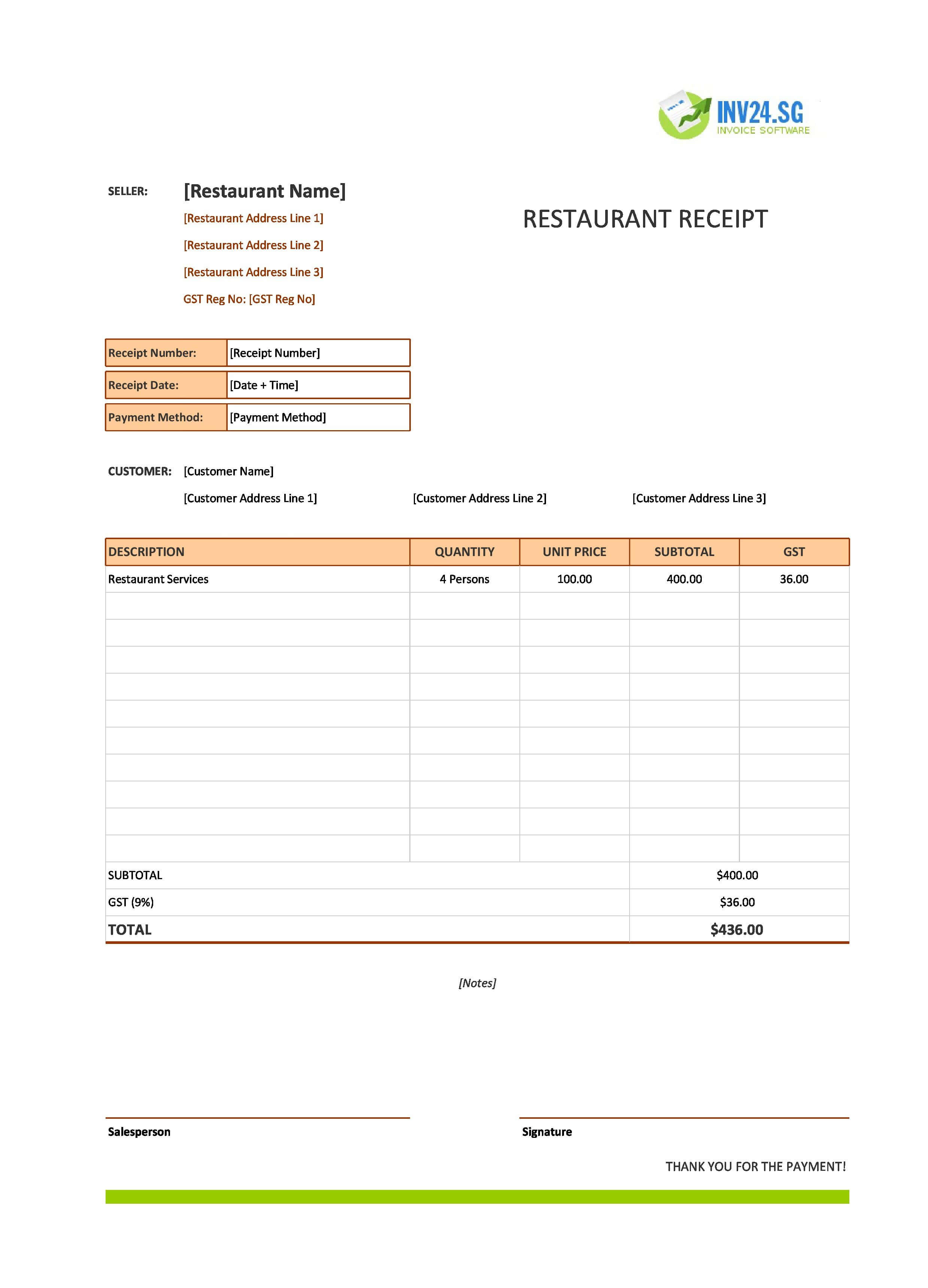 Sample Restaurant Receipt Template for Singapore (Excel / Google Sheets)