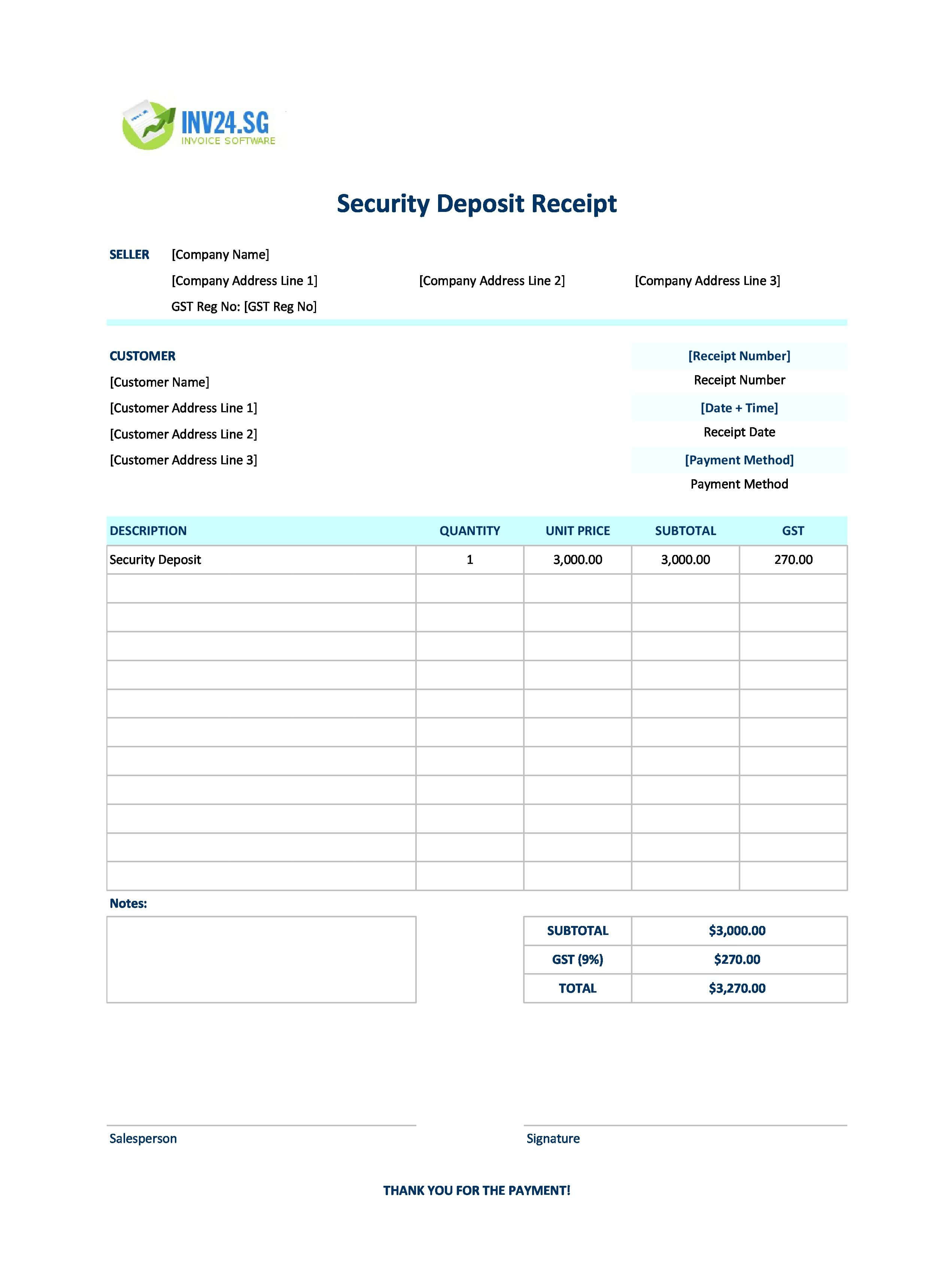 Security Deposit Receipt Template for Singapore (Excel / Google Sheets)