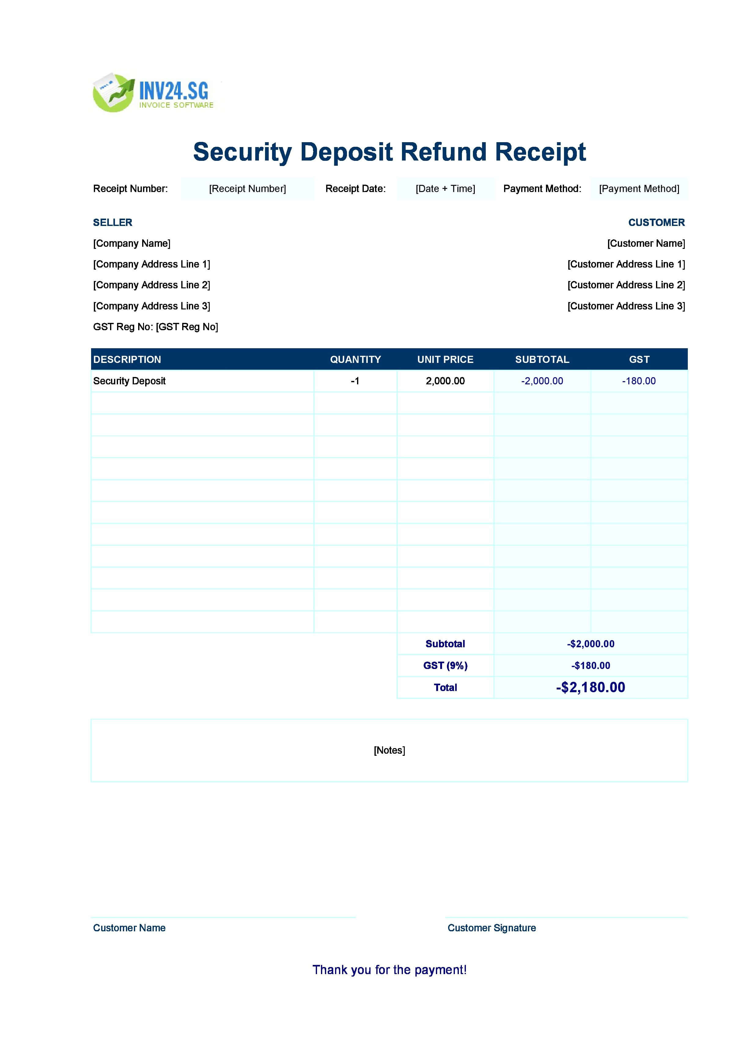 Security Deposit Refund Receipt Template for Singapore (Excel / Google Sheets)