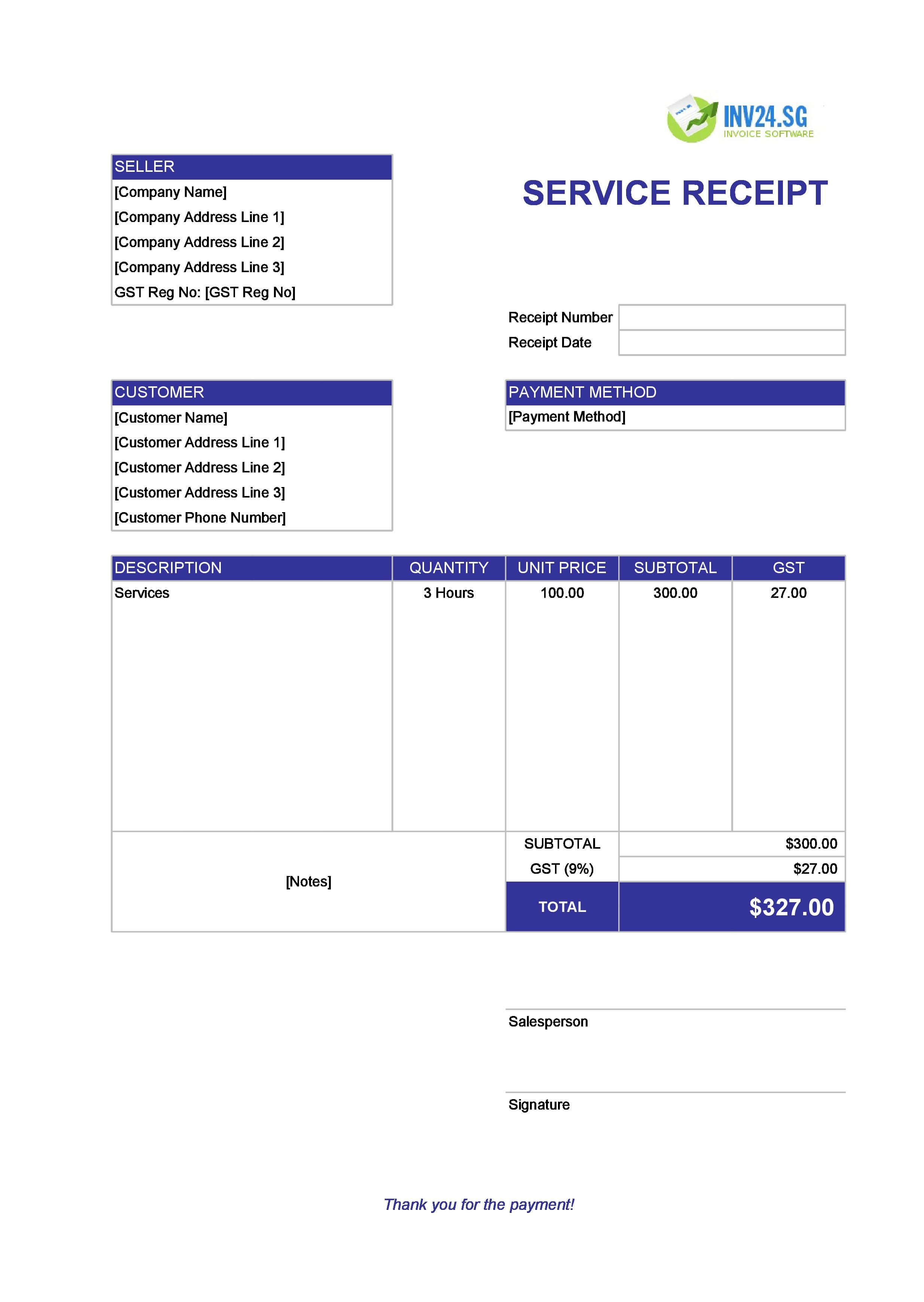 Service Receipt Template for Singapore (Excel / Google Sheets)