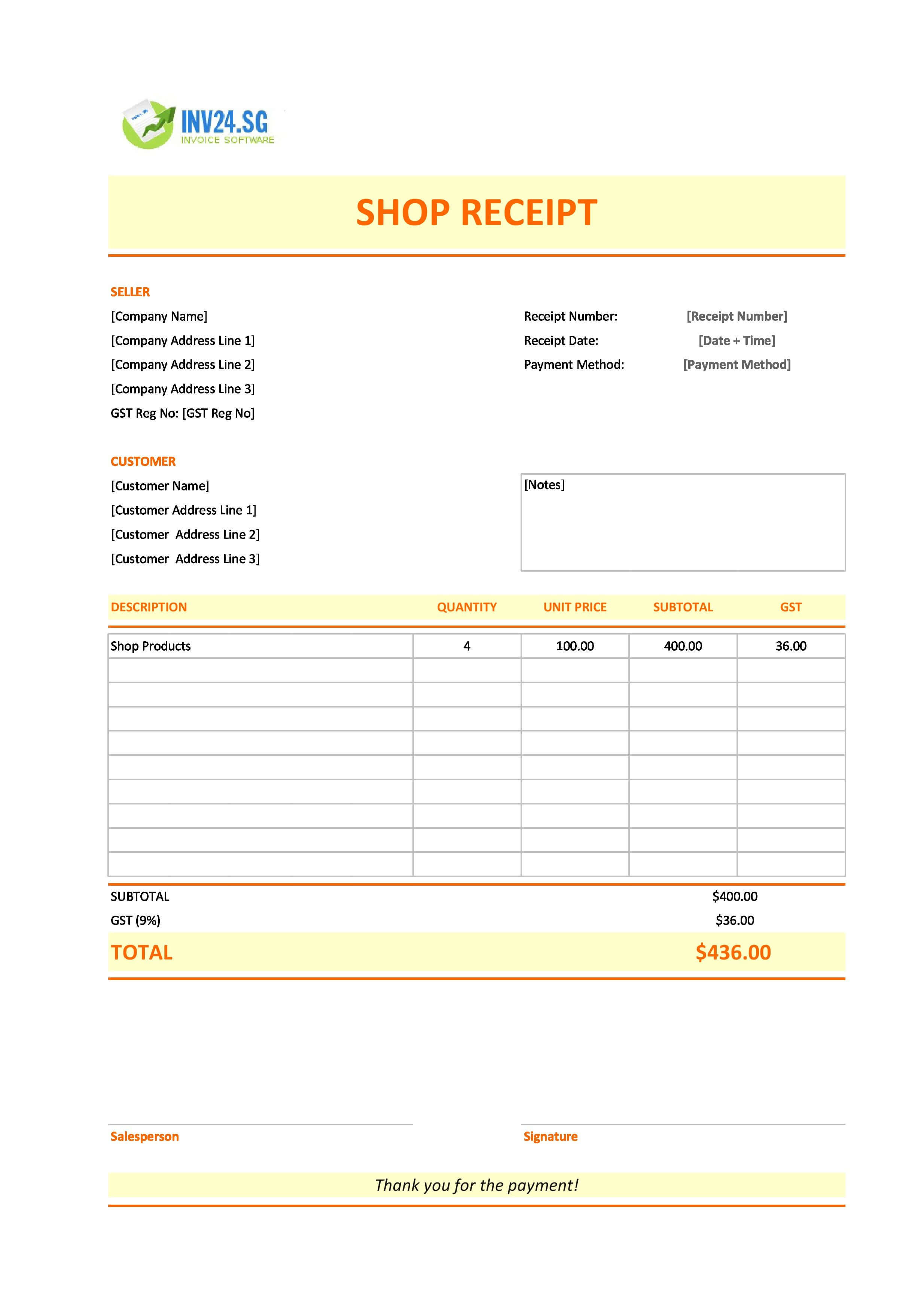 Shop Receipt Template for Singapore (Excel / Google Sheets)