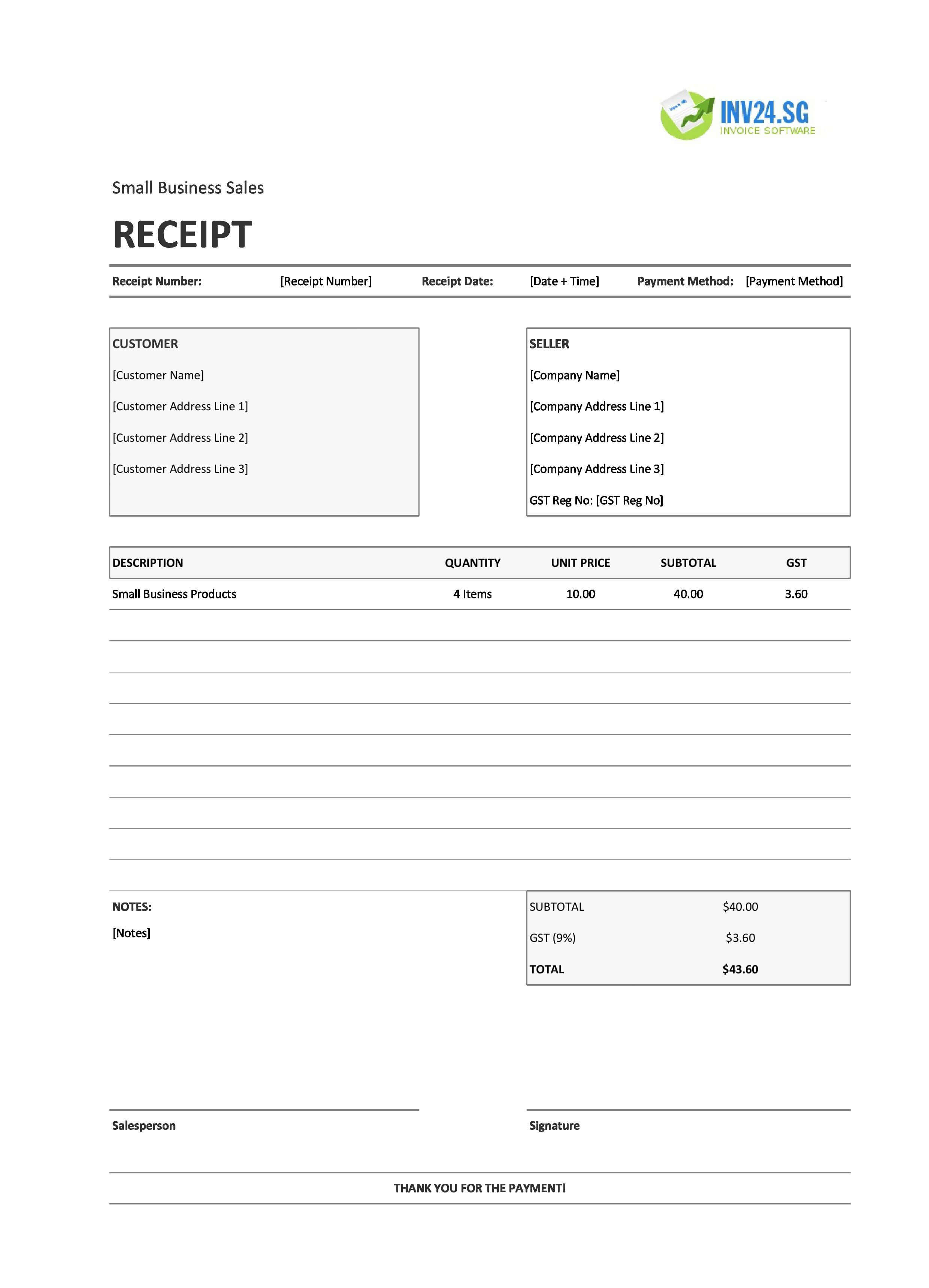 Small Business Sales Receipt Template for Singapore (Excel / Google Sheets)