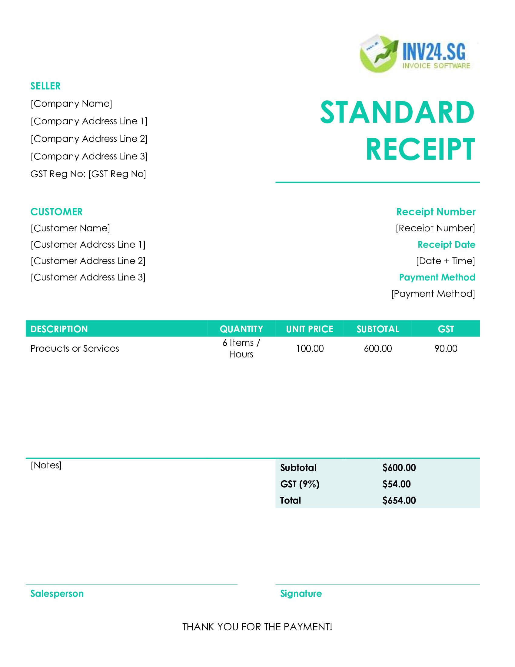 Standard Receipt Template for Singapore (Word / Google Docs)