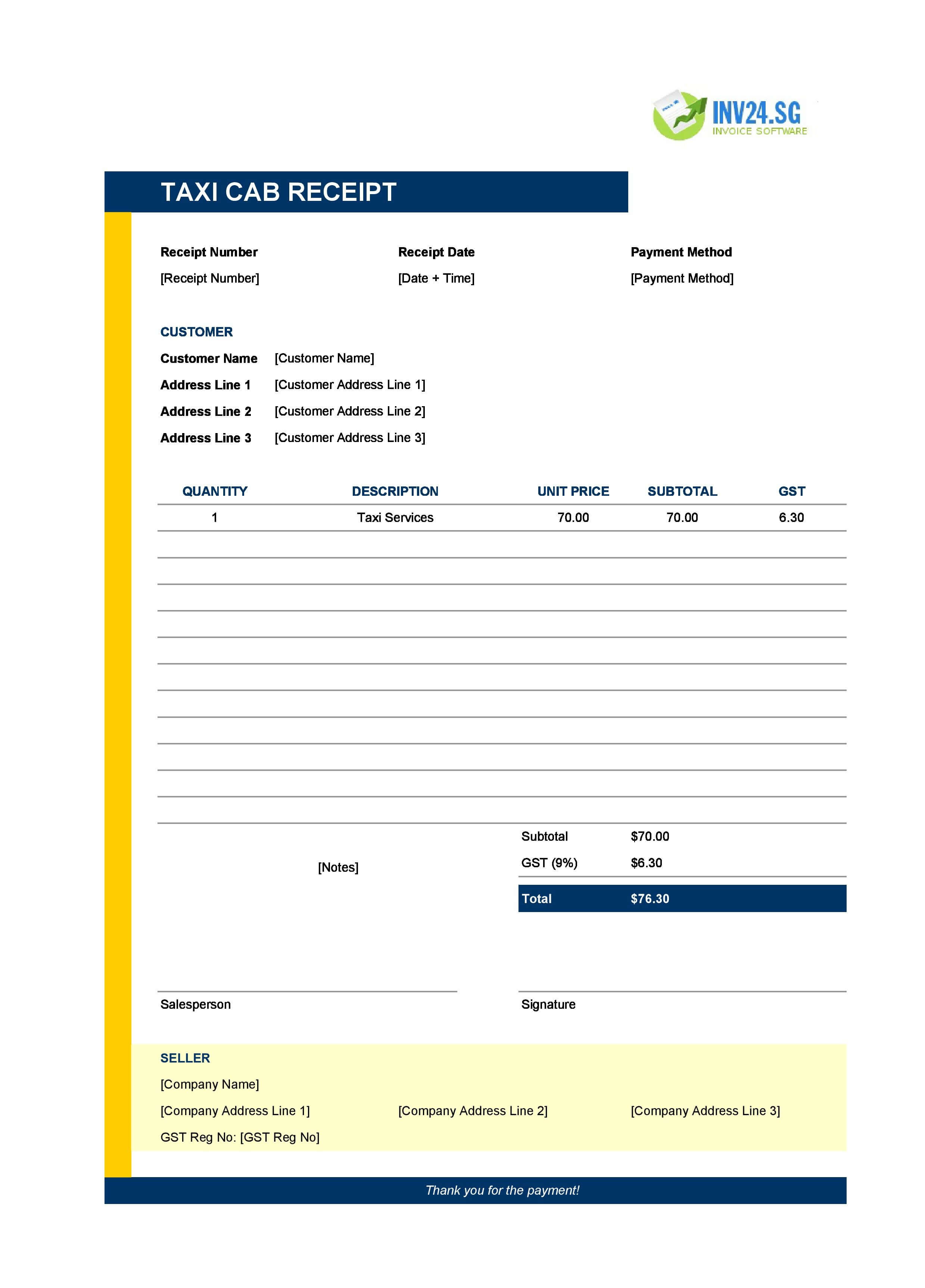 Taxi Cab Receipt Template for Singapore (Excel / Google Sheets)