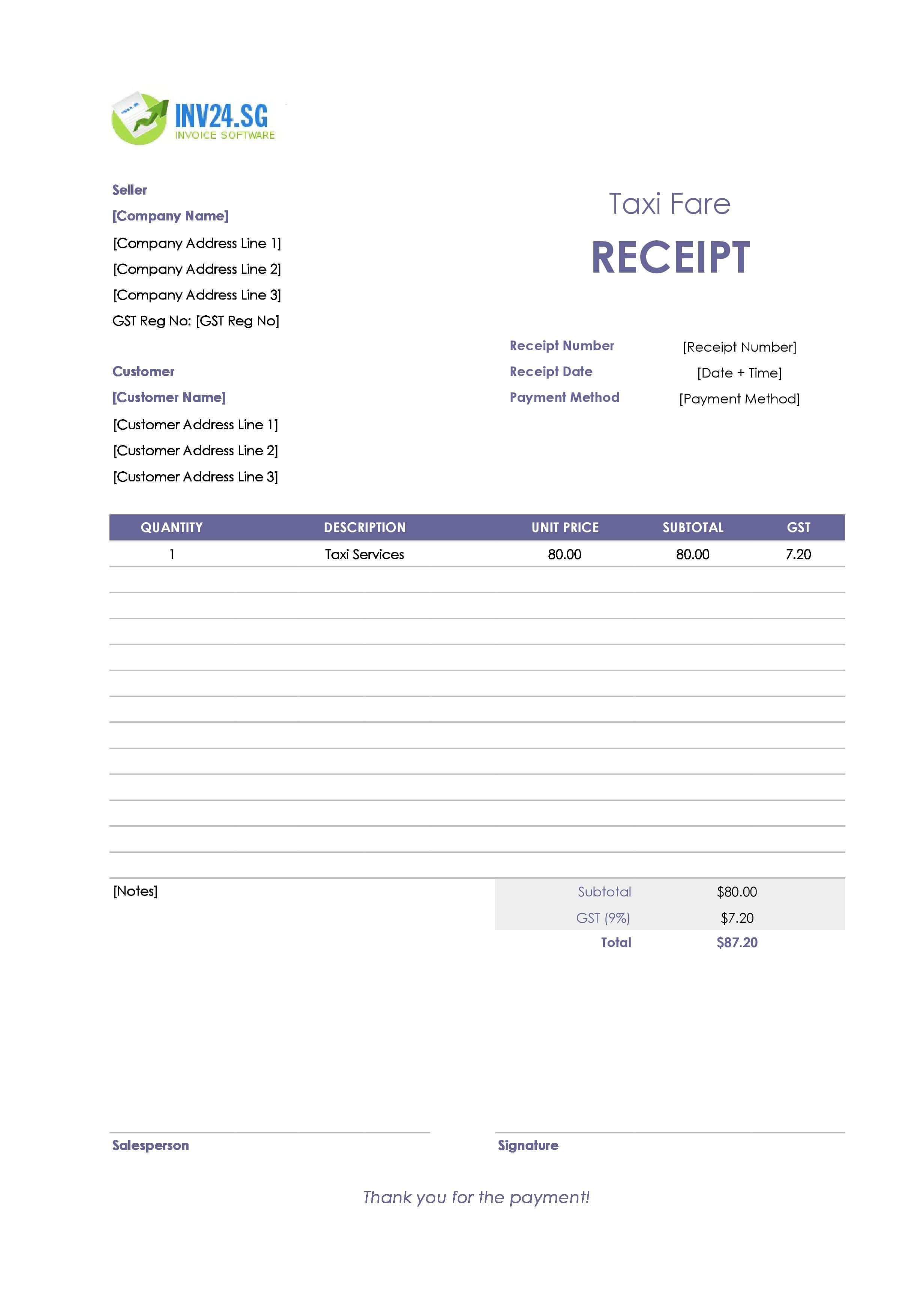 Taxi Fare Receipt Template for Singapore (Excel / Google Sheets)