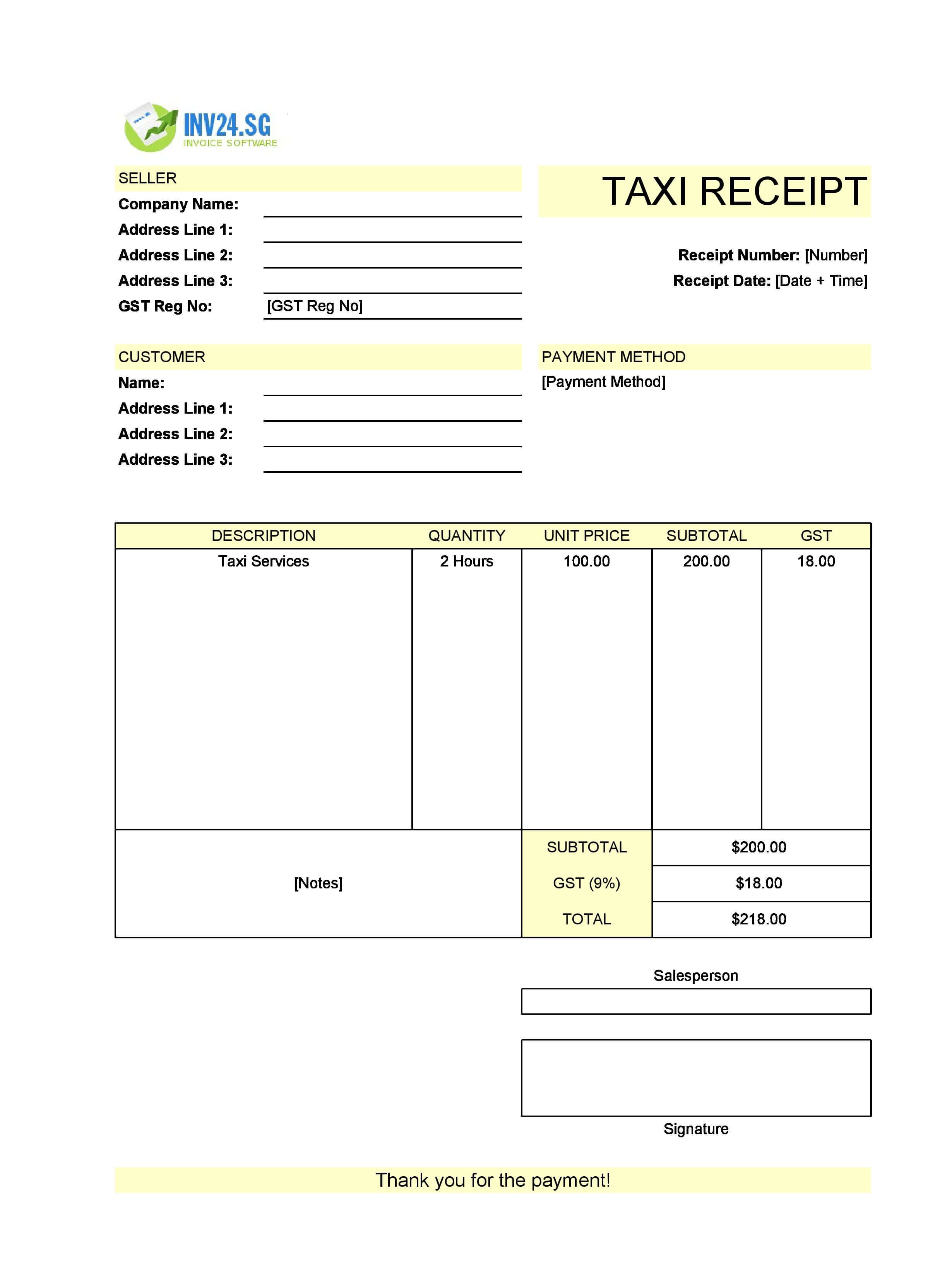 Taxi Receipt Template for Singapore (Excel / Google Sheets)