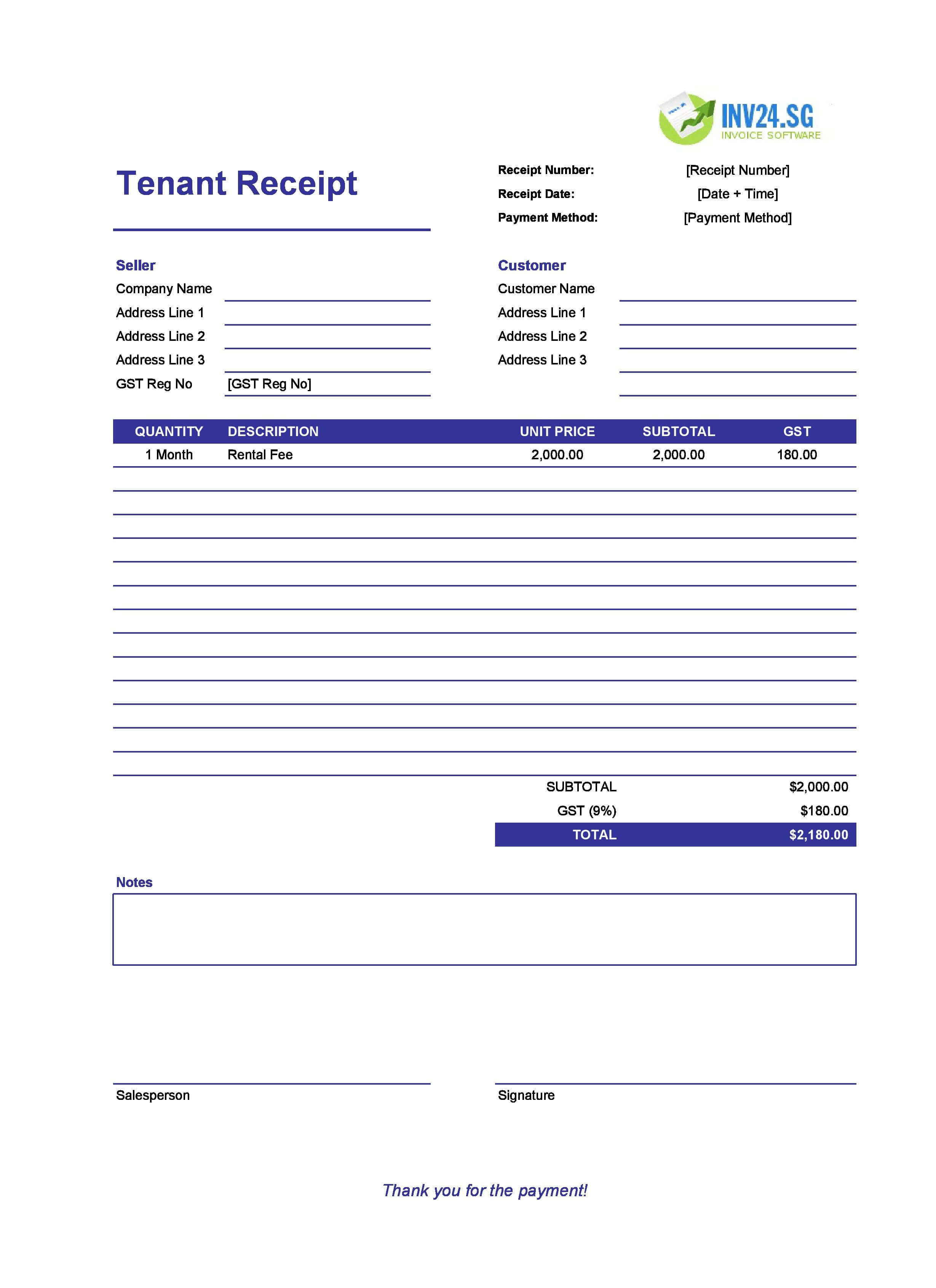 Tenant Receipt Template for Singapore (Excel / Google Sheets)