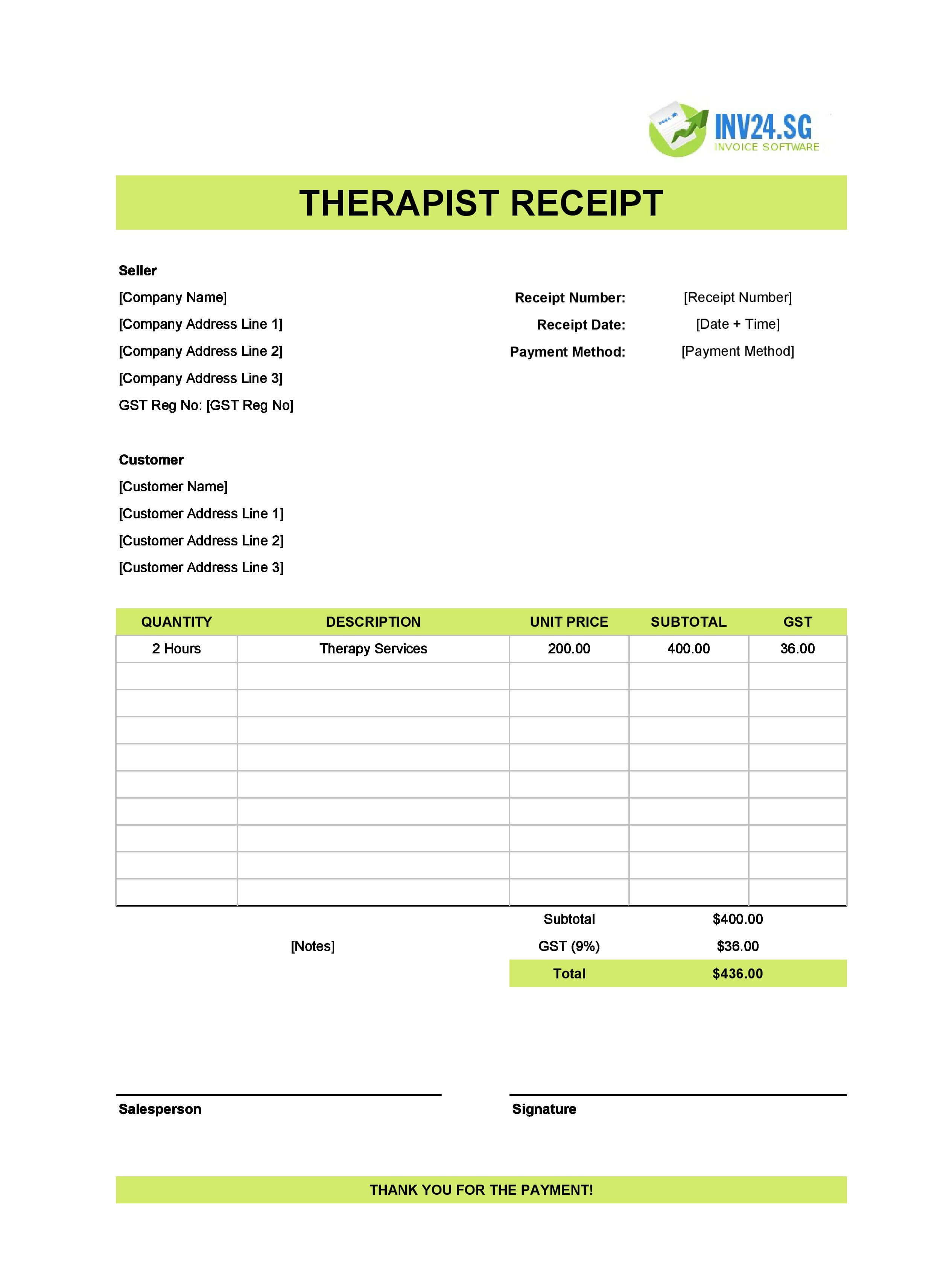 Therapist Receipt Template for Singapore (Excel / Google Sheets)