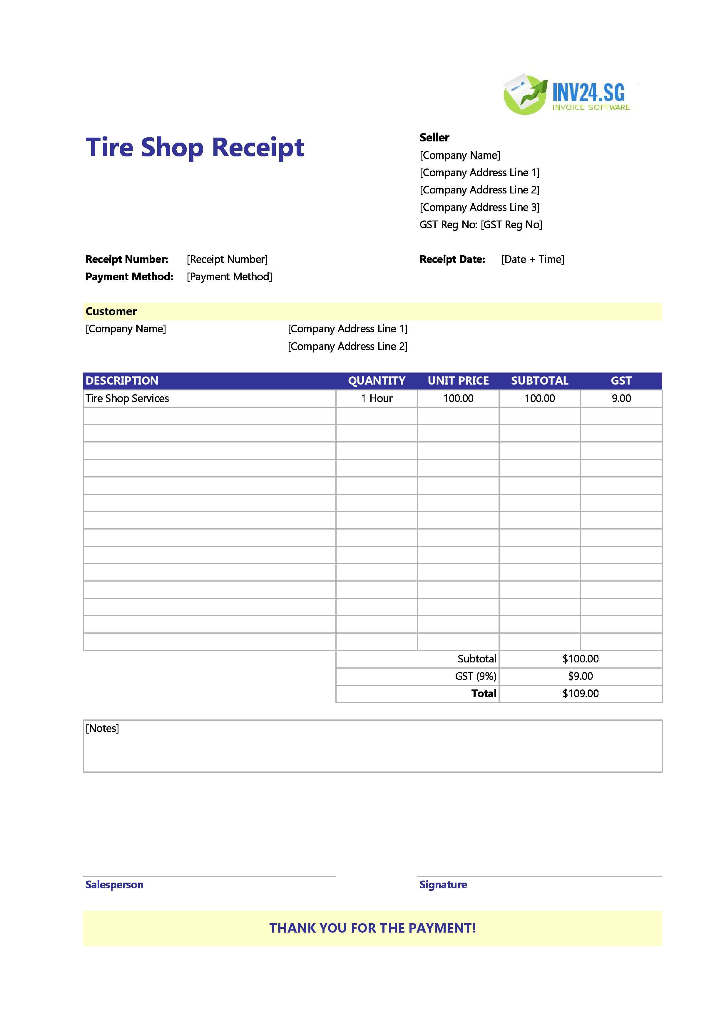 Tire Shop Receipt Template for Singapore (Excel / Google Sheets)