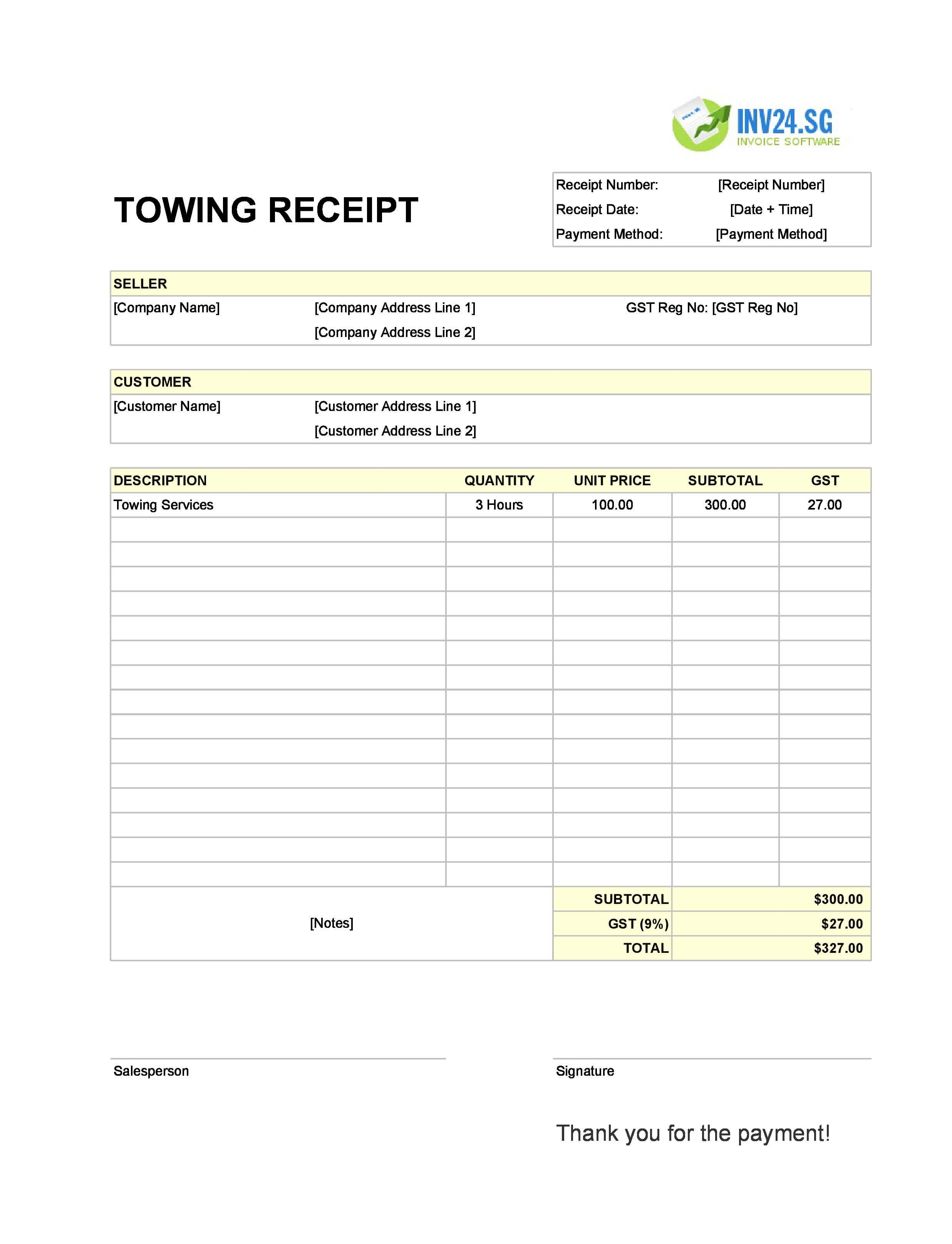 Towing Receipt Template for Singapore (Excel / Google Sheets)