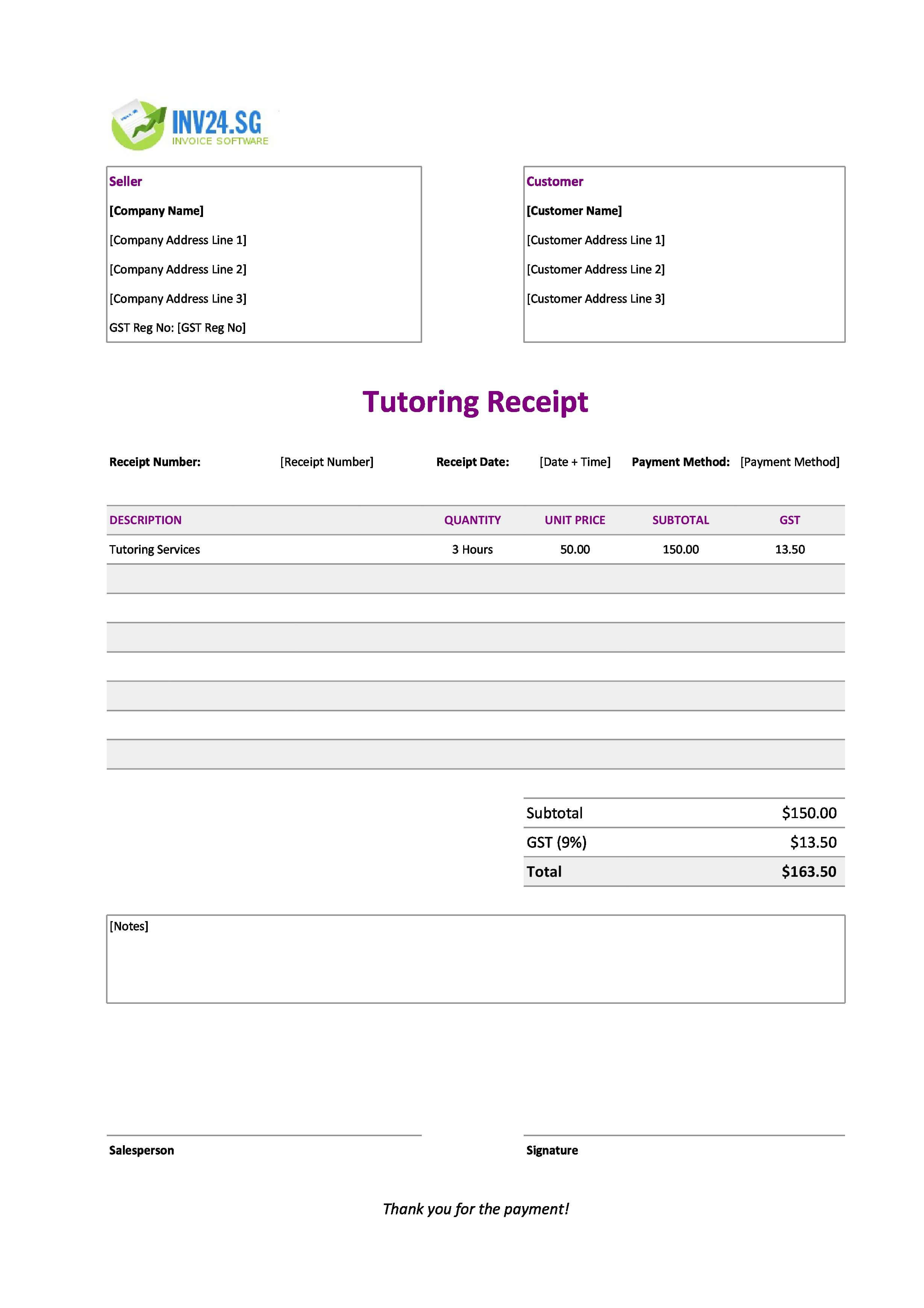 Tutoring Receipt Template for Singapore (Excel / Google Sheets)