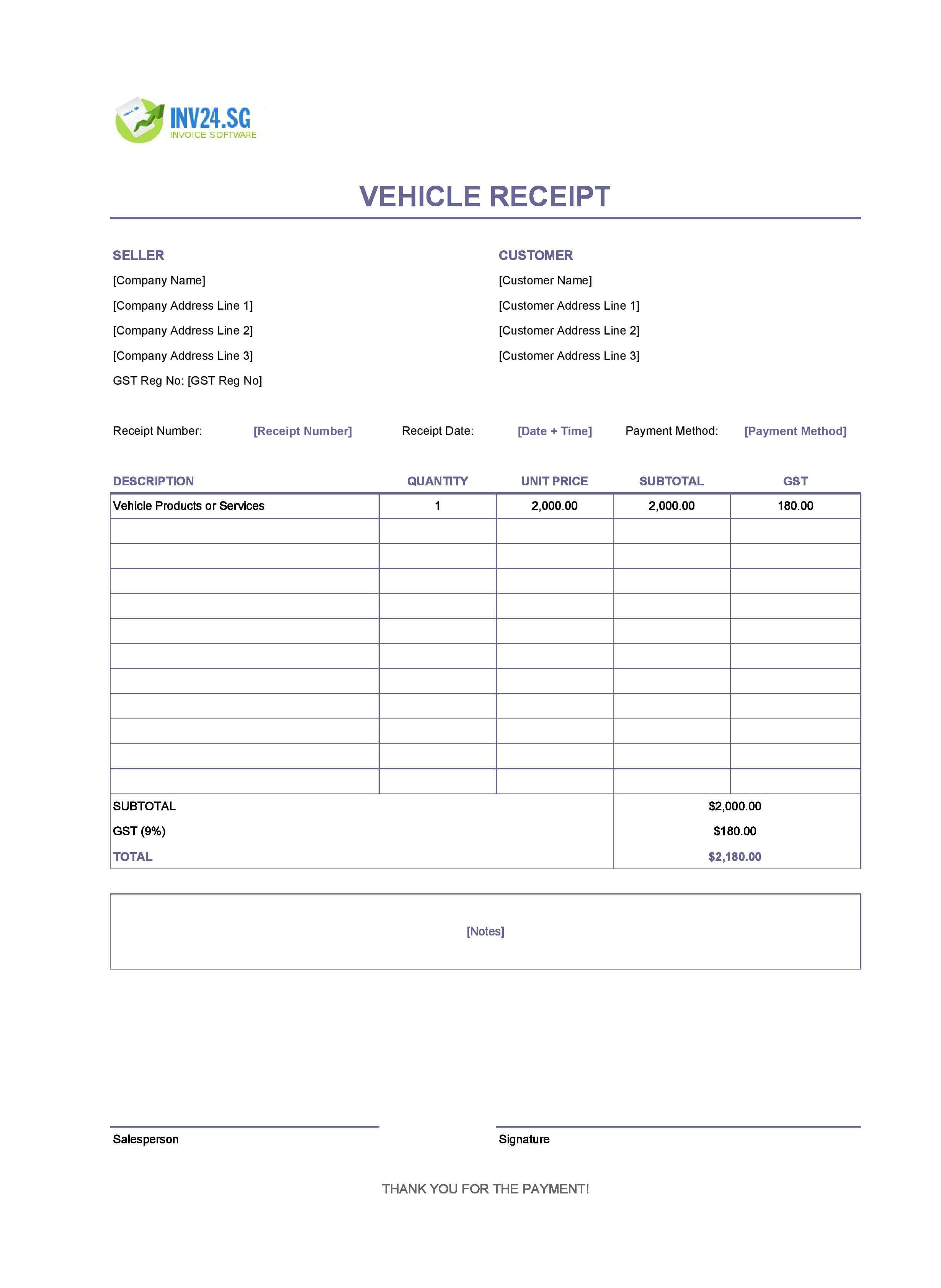 Vehicle Receipt Template for Singapore (Excel / Google Sheets)