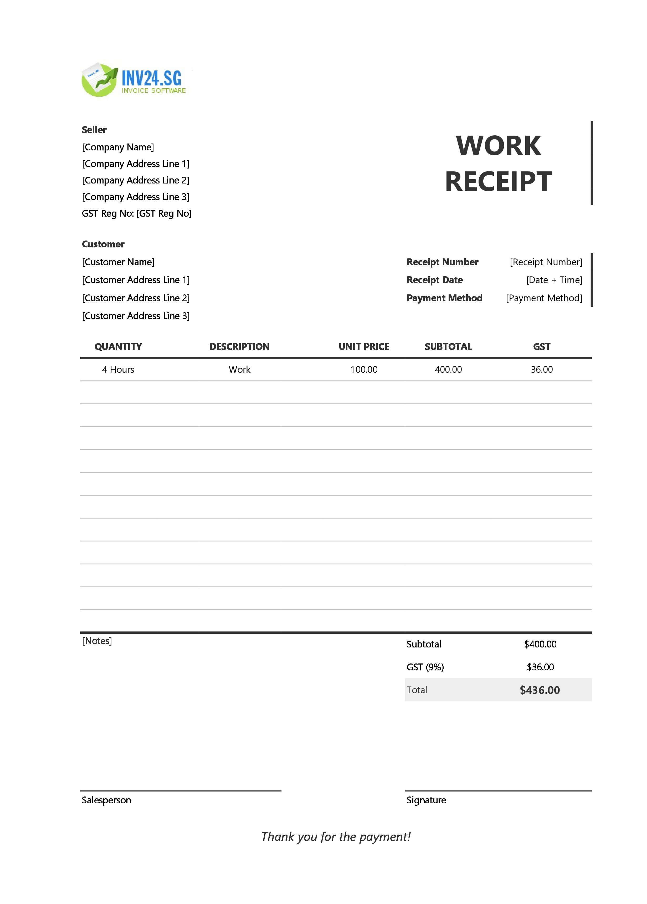 Work Receipt Template for Singapore (Excel / Google Sheets)