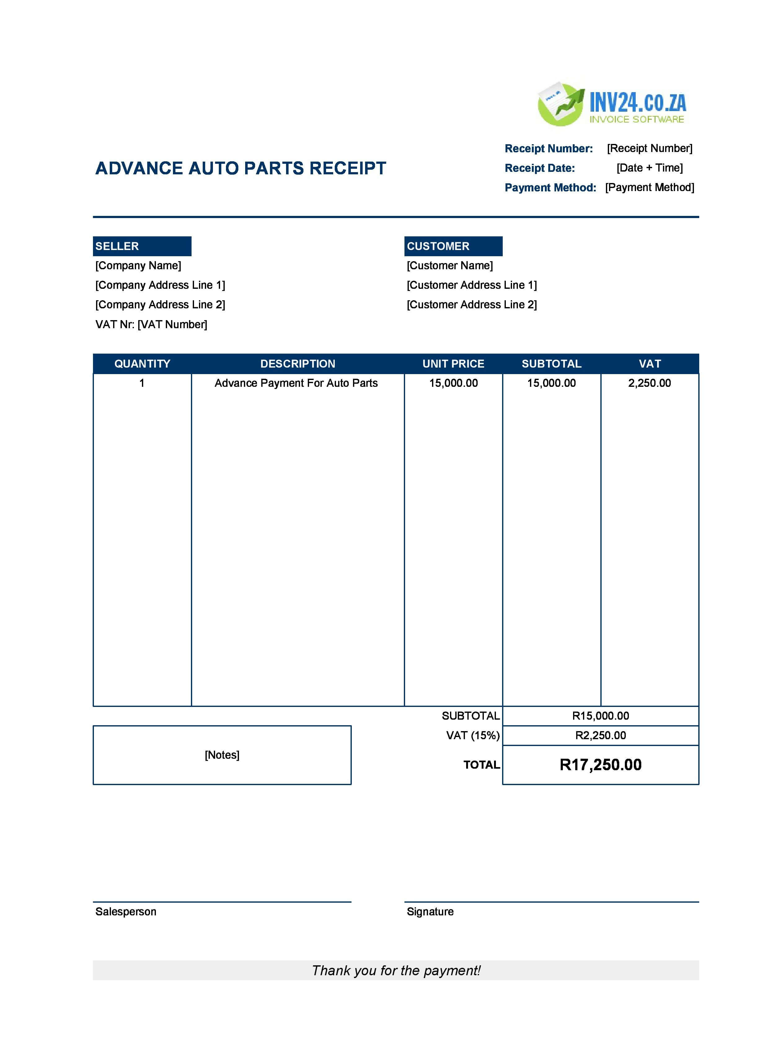 Advance Auto Parts Receipt Template for South Africa (Excel / Google Sheets)