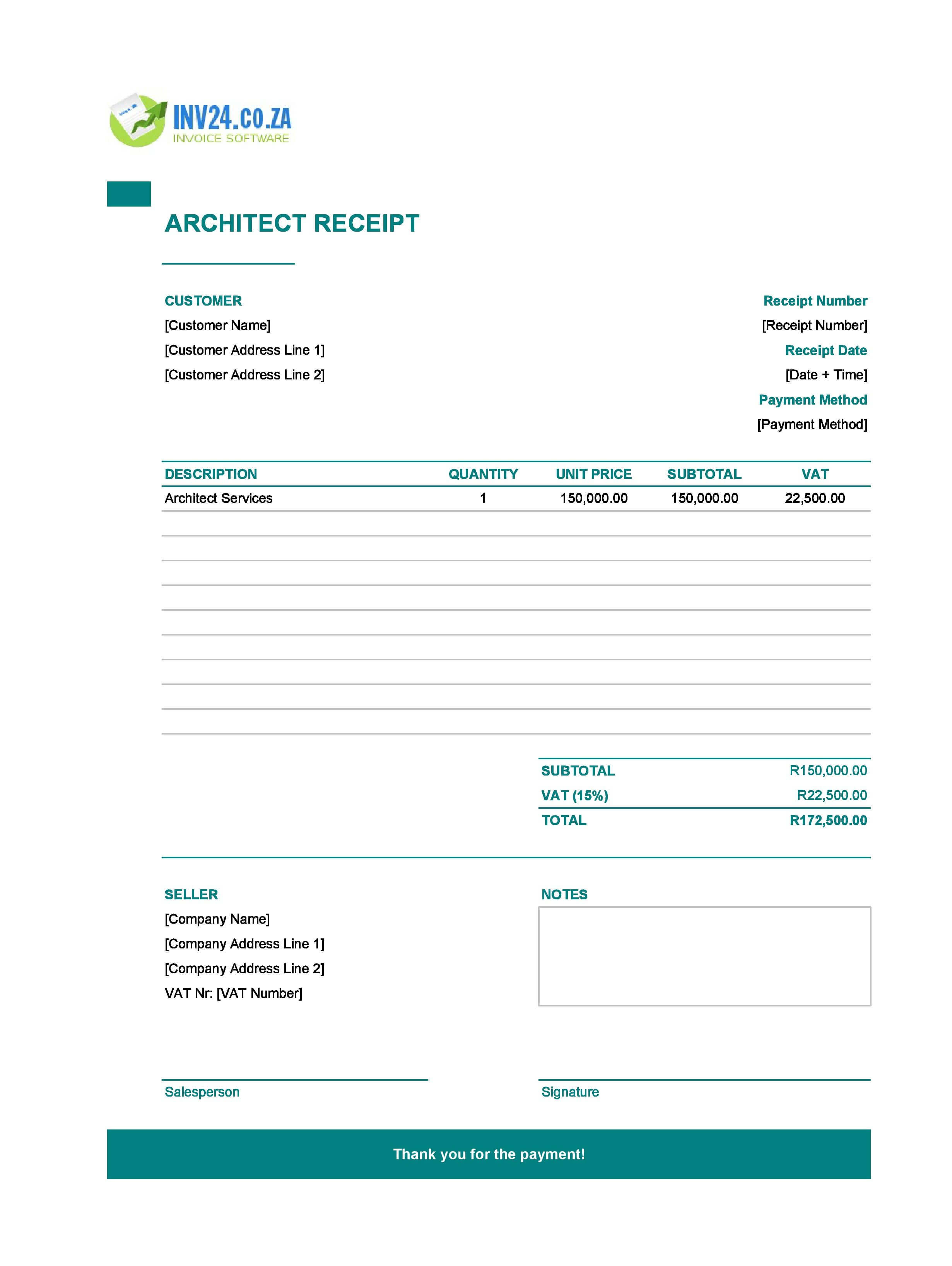 Architect Receipt Template for South Africa (Excel / Google Sheets)