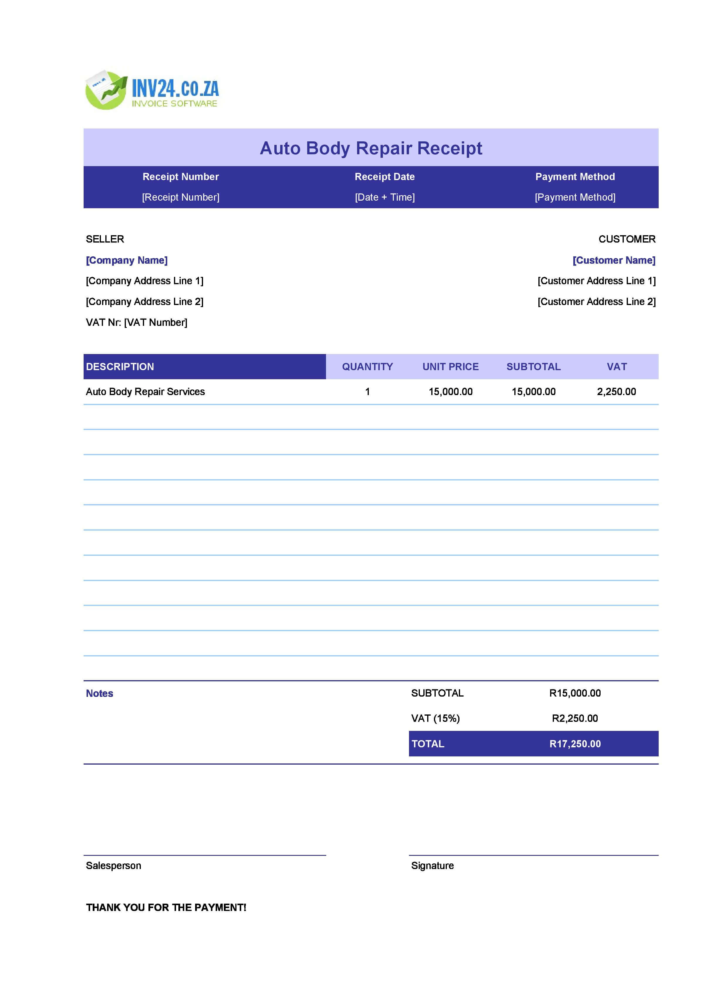 Auto Body Repair Receipt Template for South Africa (Excel / Google Sheets)