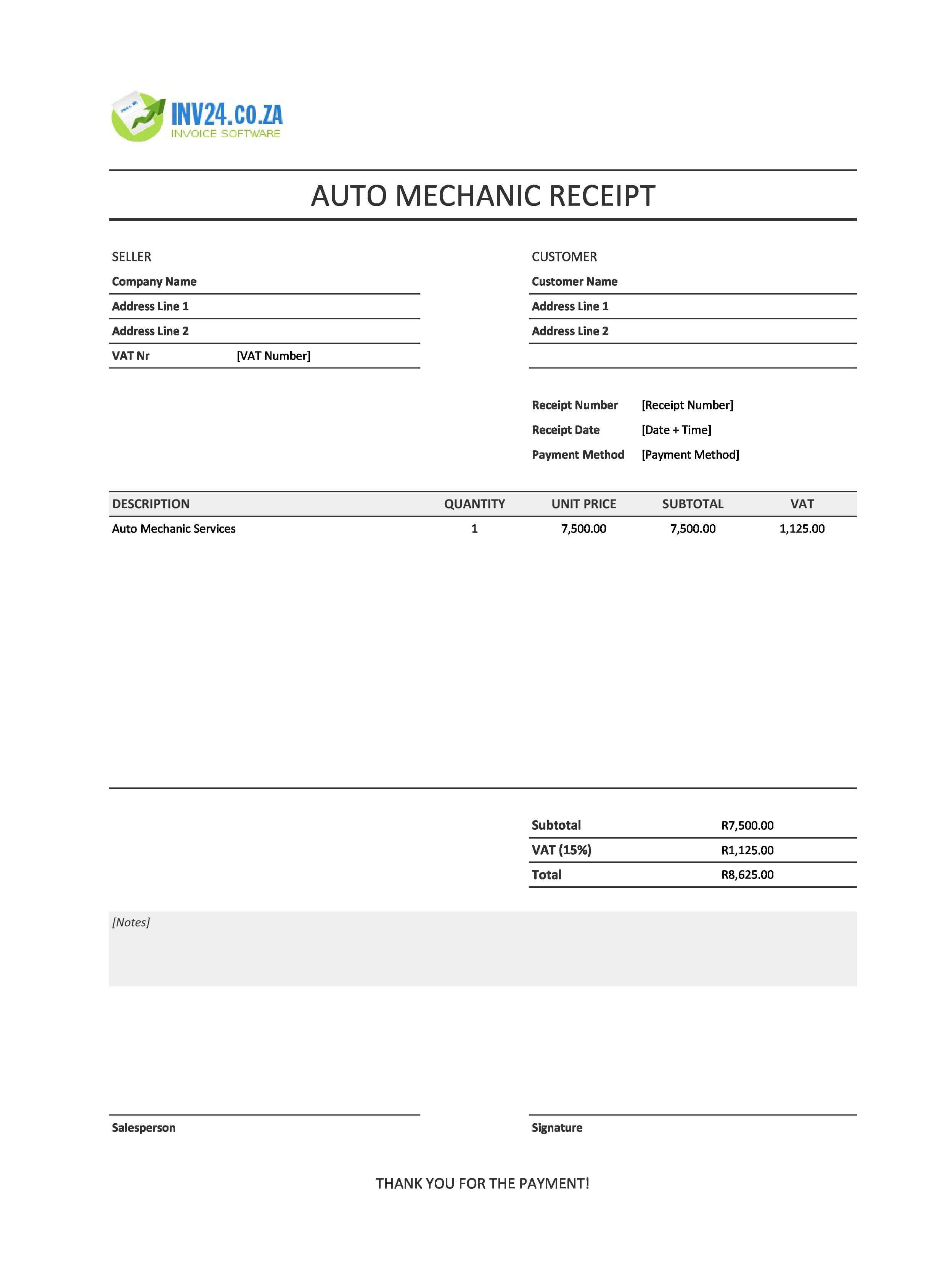 Auto Mechanic Receipt Template for South Africa (Excel / Google Sheets)