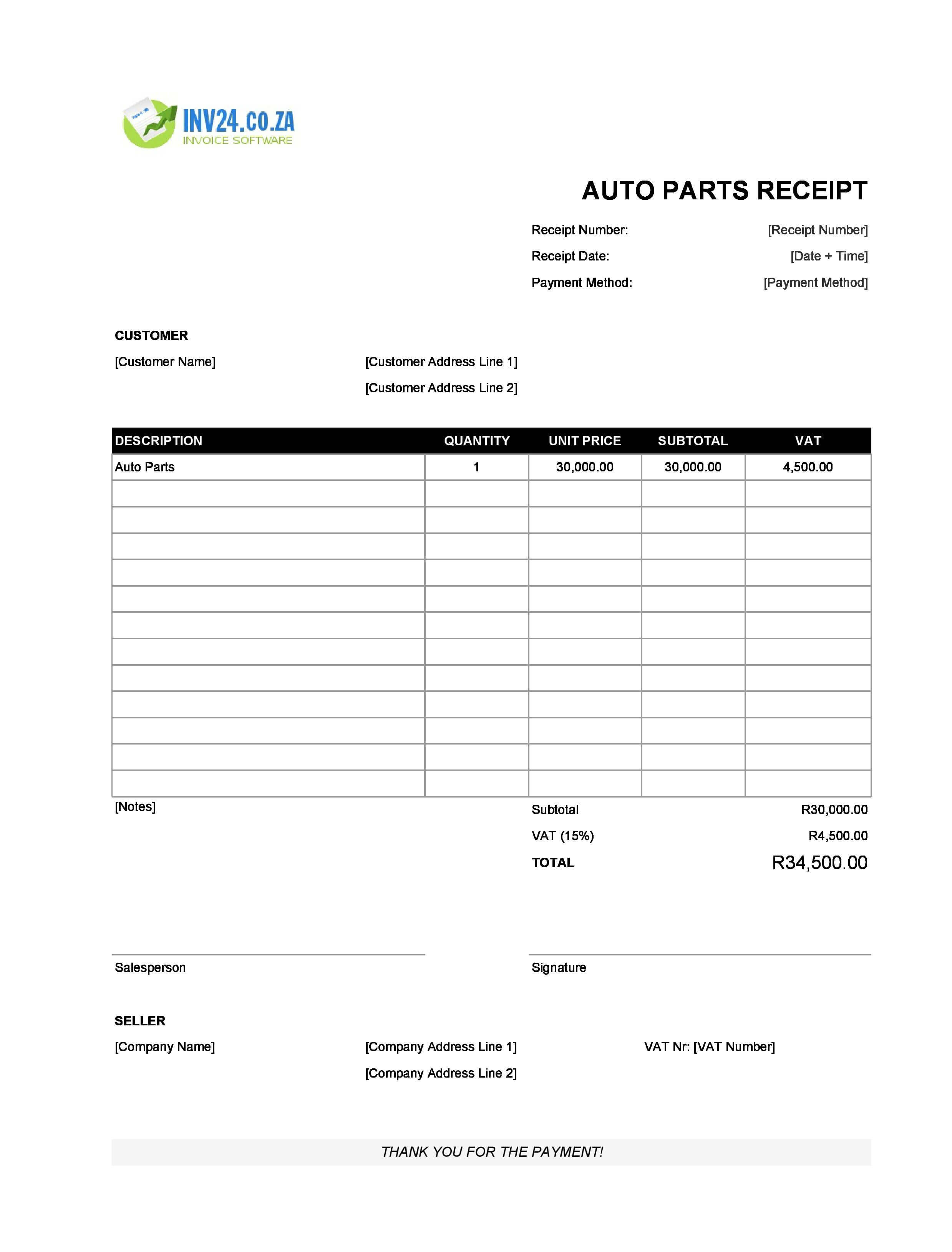 Auto Parts Receipt Template for South Africa (Excel / Google Sheets)