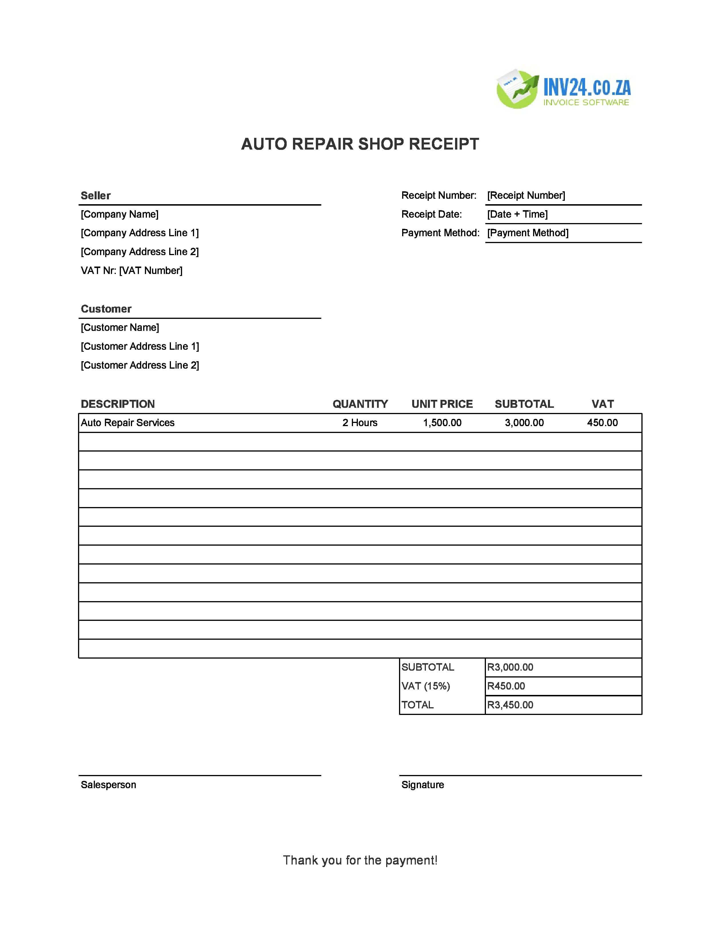 Auto Repair Shop Receipt Template for South Africa (Excel / Google Sheets)