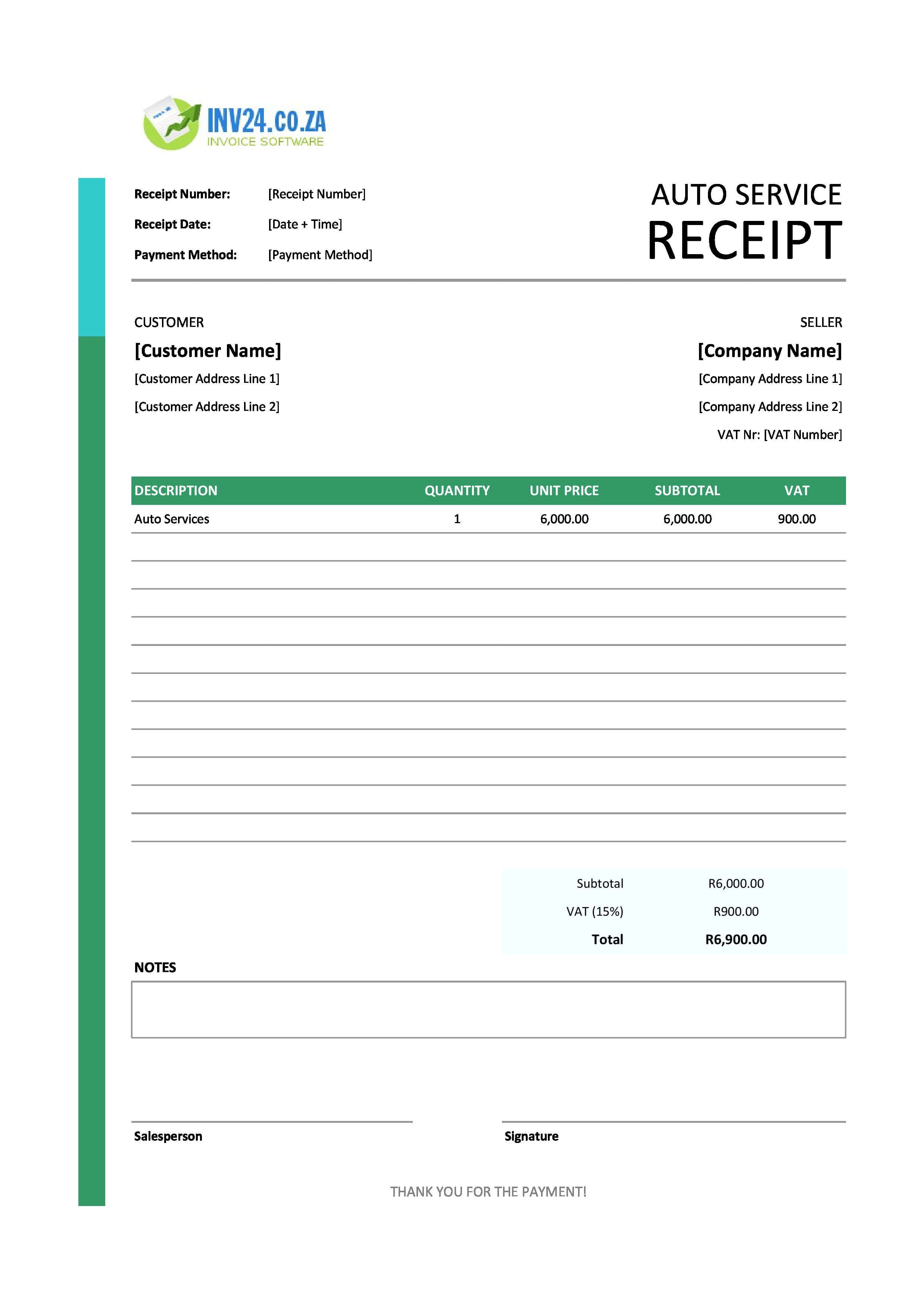 Auto Service Receipt Template for South Africa (Excel / Google Sheets)