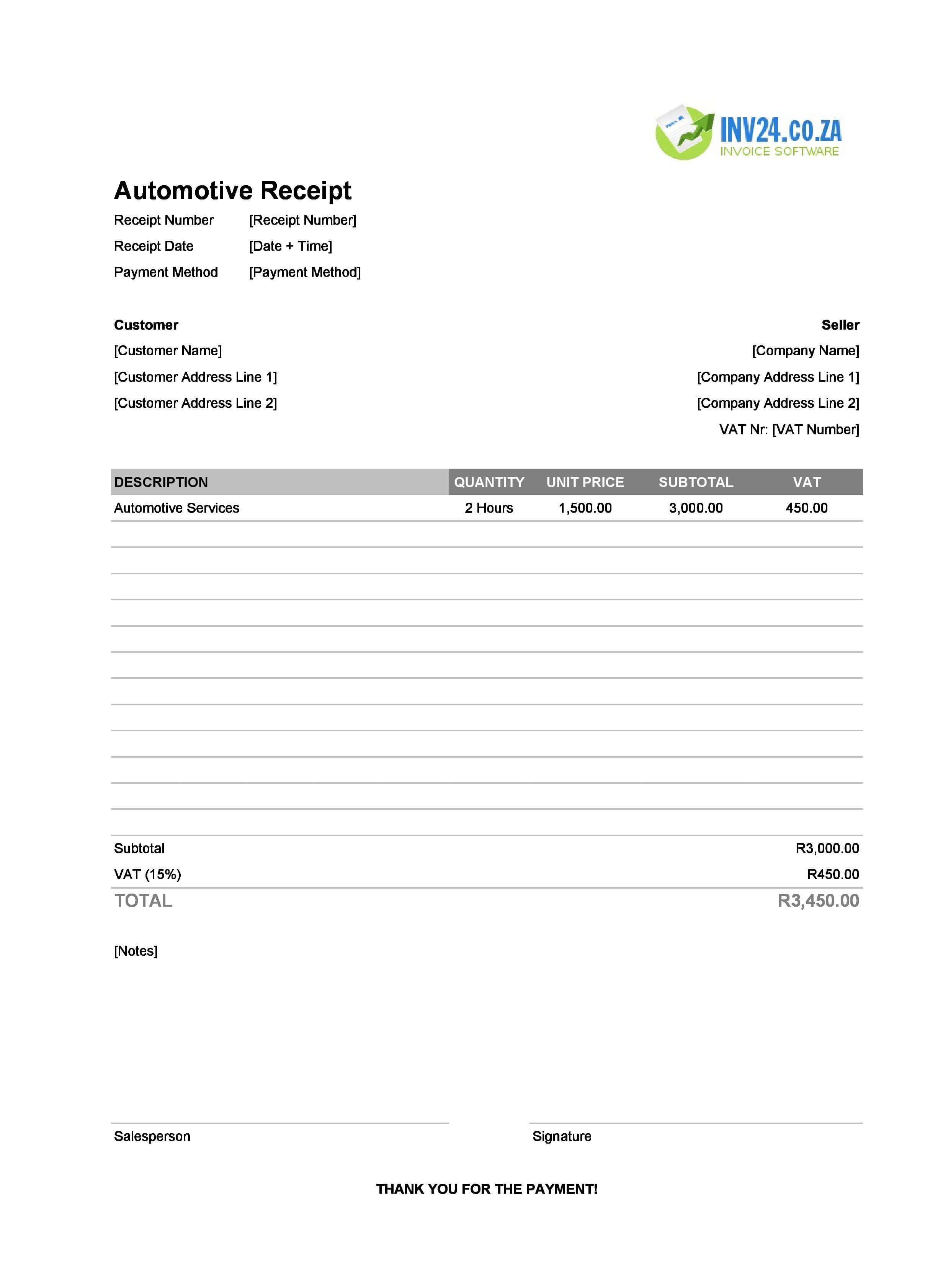 Automotive Receipt Template for South Africa (Excel / Google Sheets)