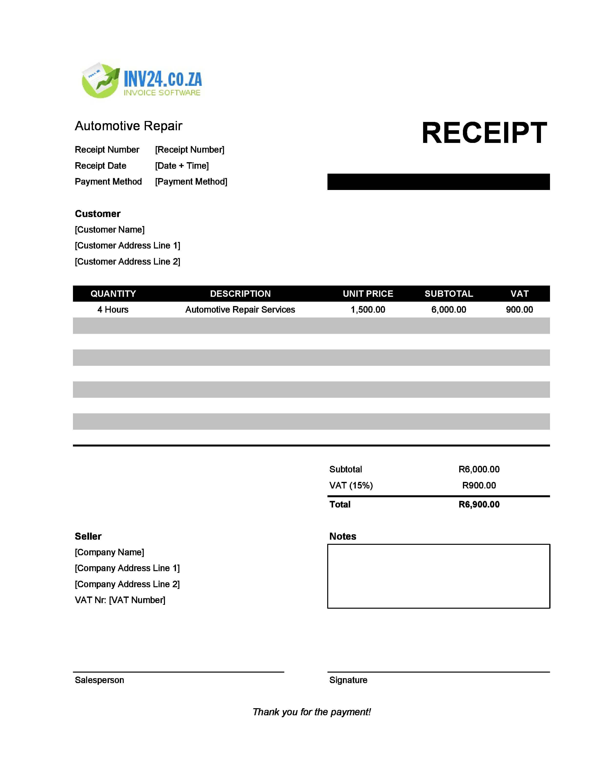 Automotive Repair Receipt Template for South Africa (Excel / Google Sheets)