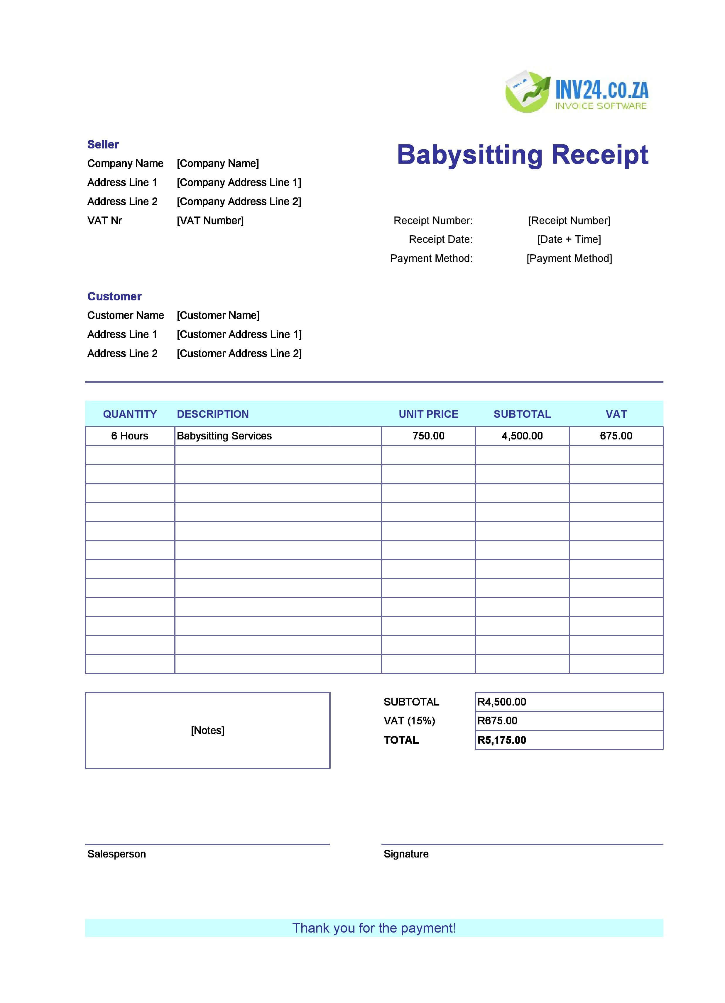 Babysitting Receipt Template for South Africa (Excel / Google Sheets)