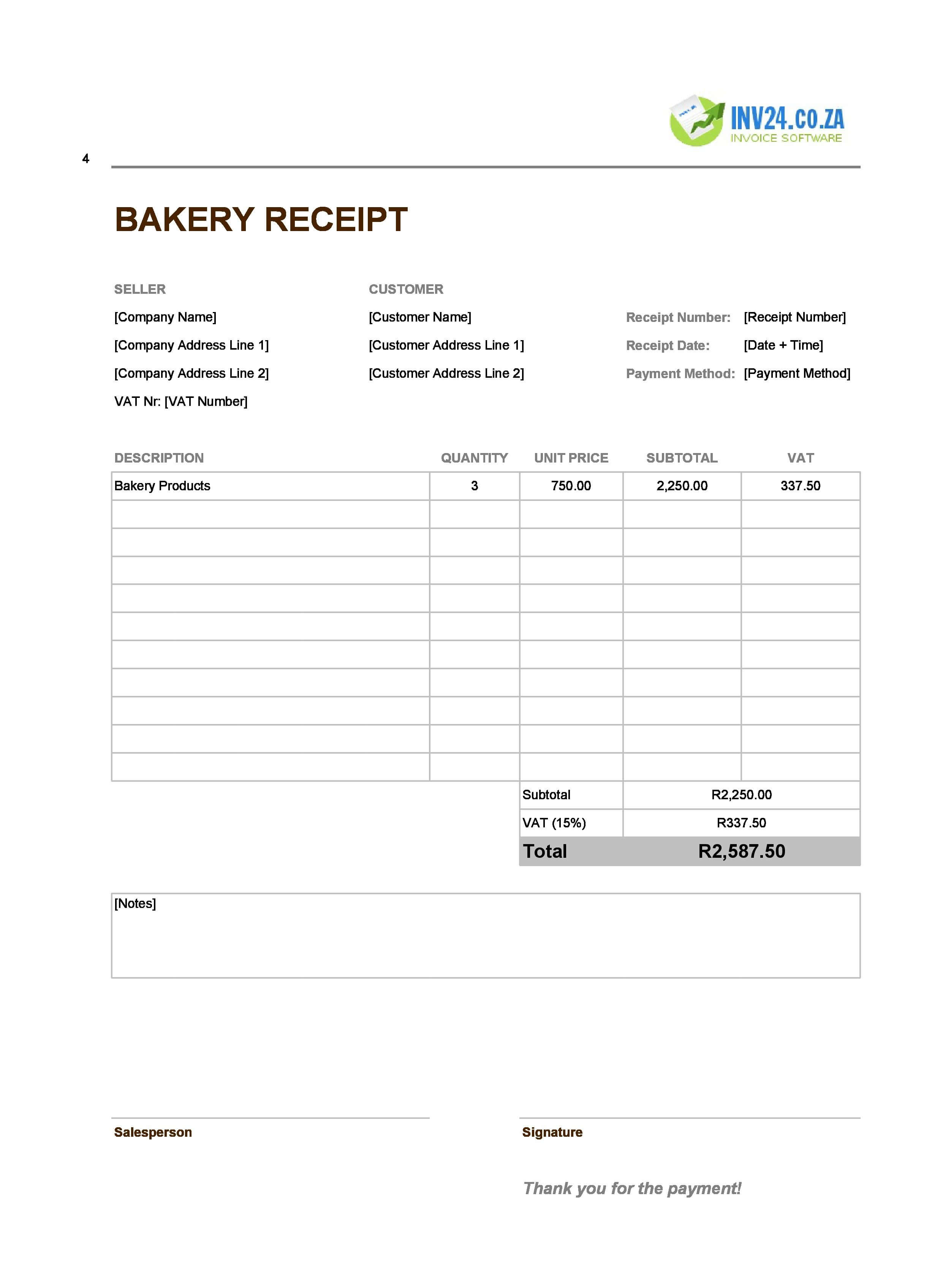 Bakery Receipt Template for South Africa (Excel / Google Sheets)