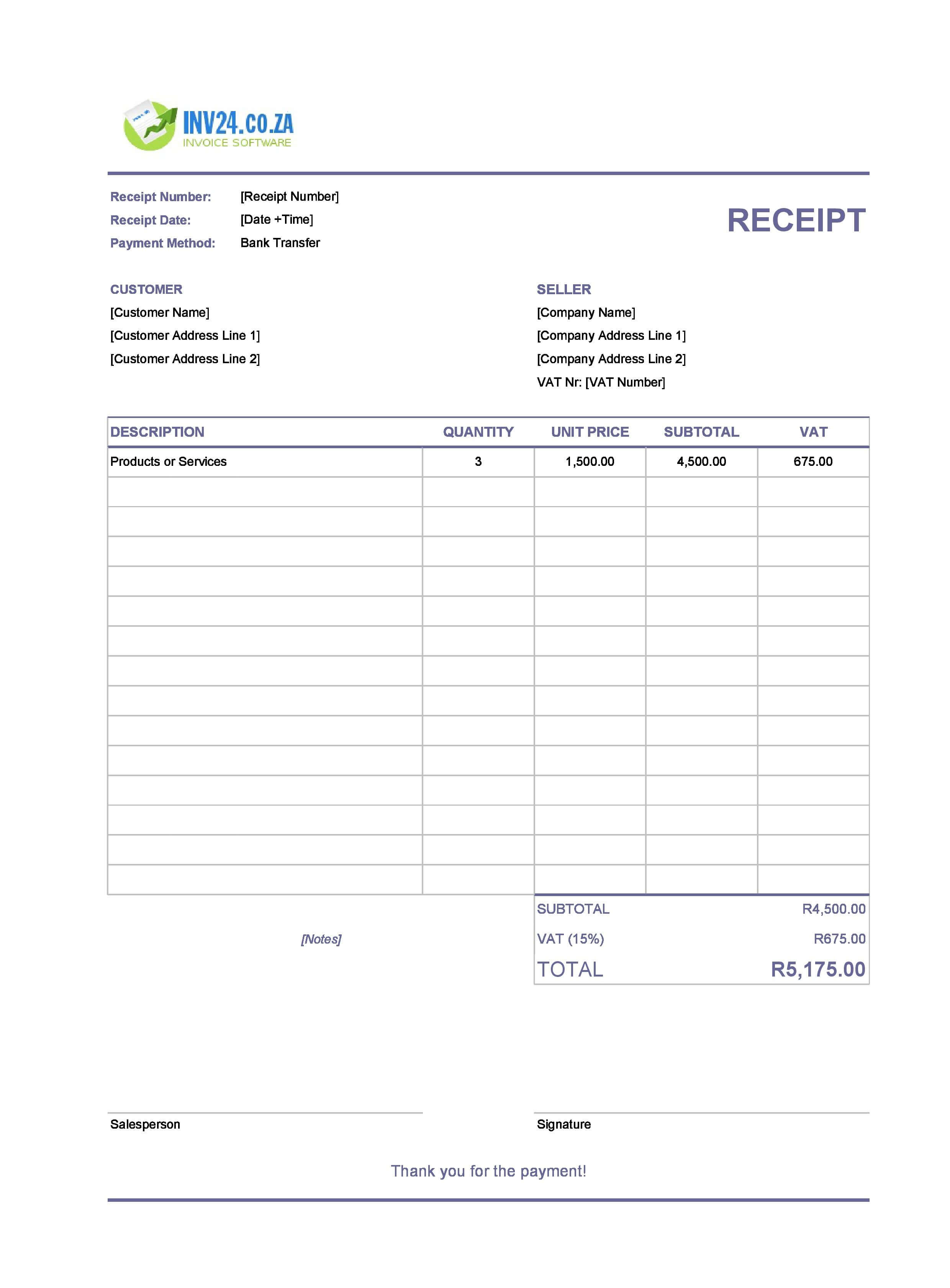 Bank Transfer Receipt Template for South Africa (Excel / Google Sheets)