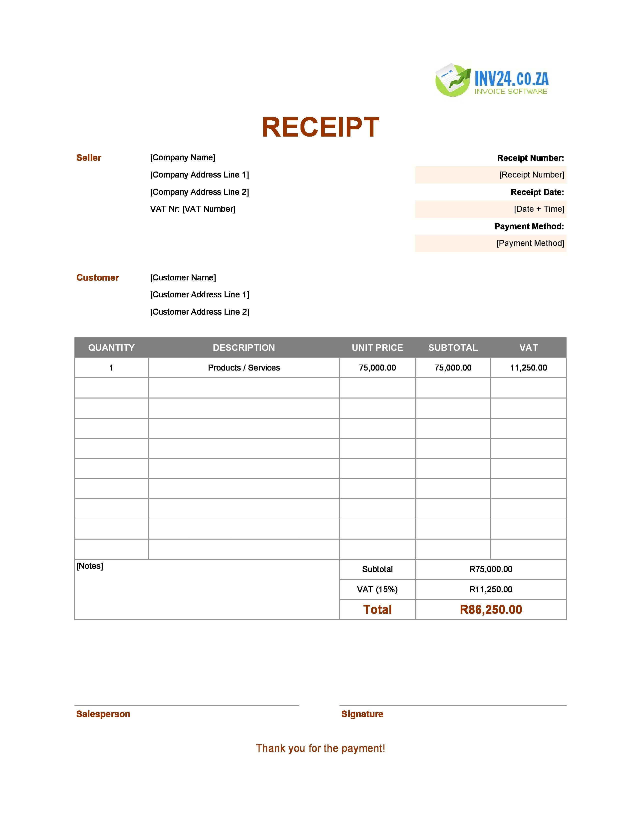Basic Receipt Template for South Africa (Excel / Google Sheets)