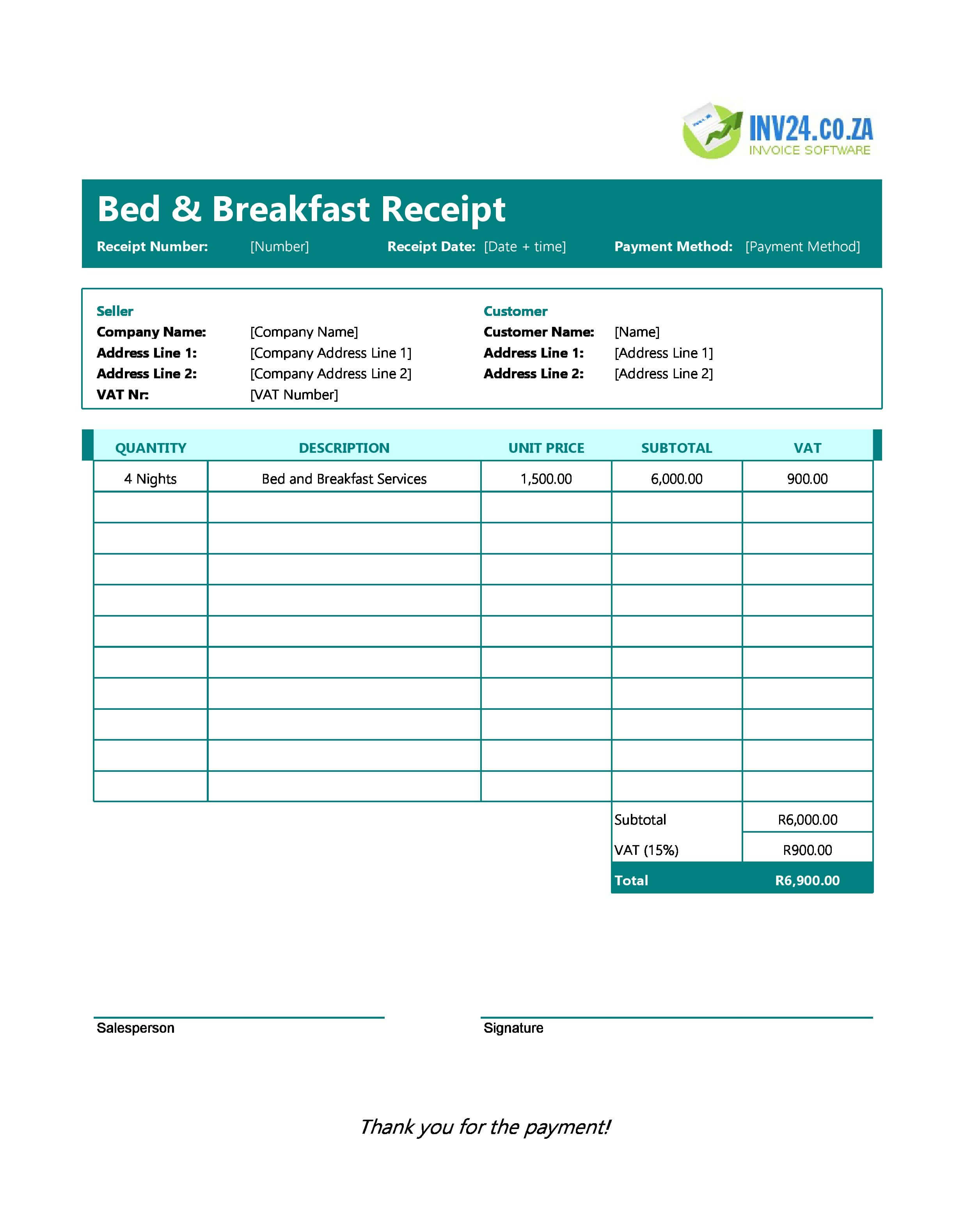 Bed And Breakfast Receipt Template for South Africa (Excel / Google Sheets)