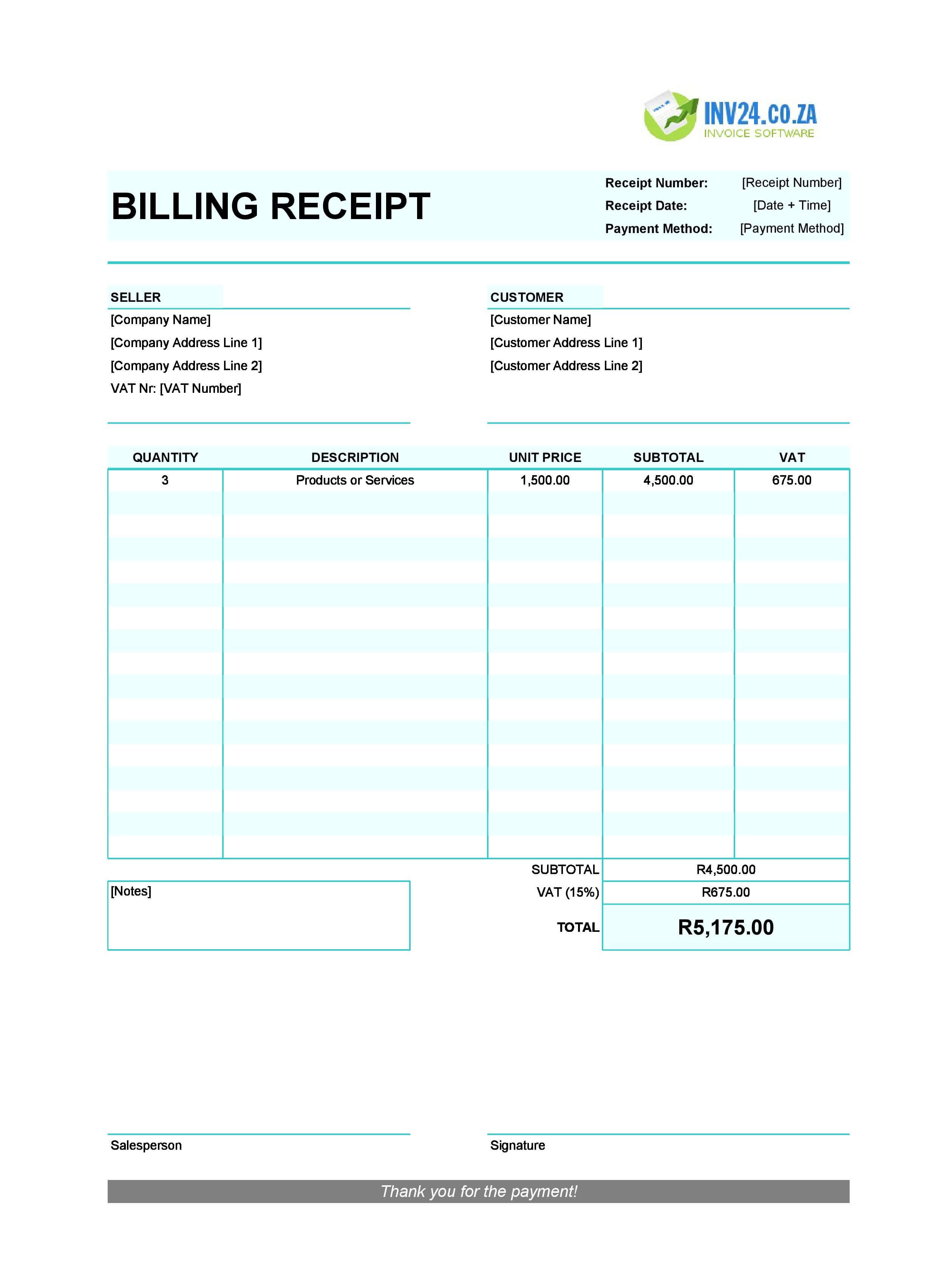 Billing Receipt Template for South Africa (Excel / Google Sheets)